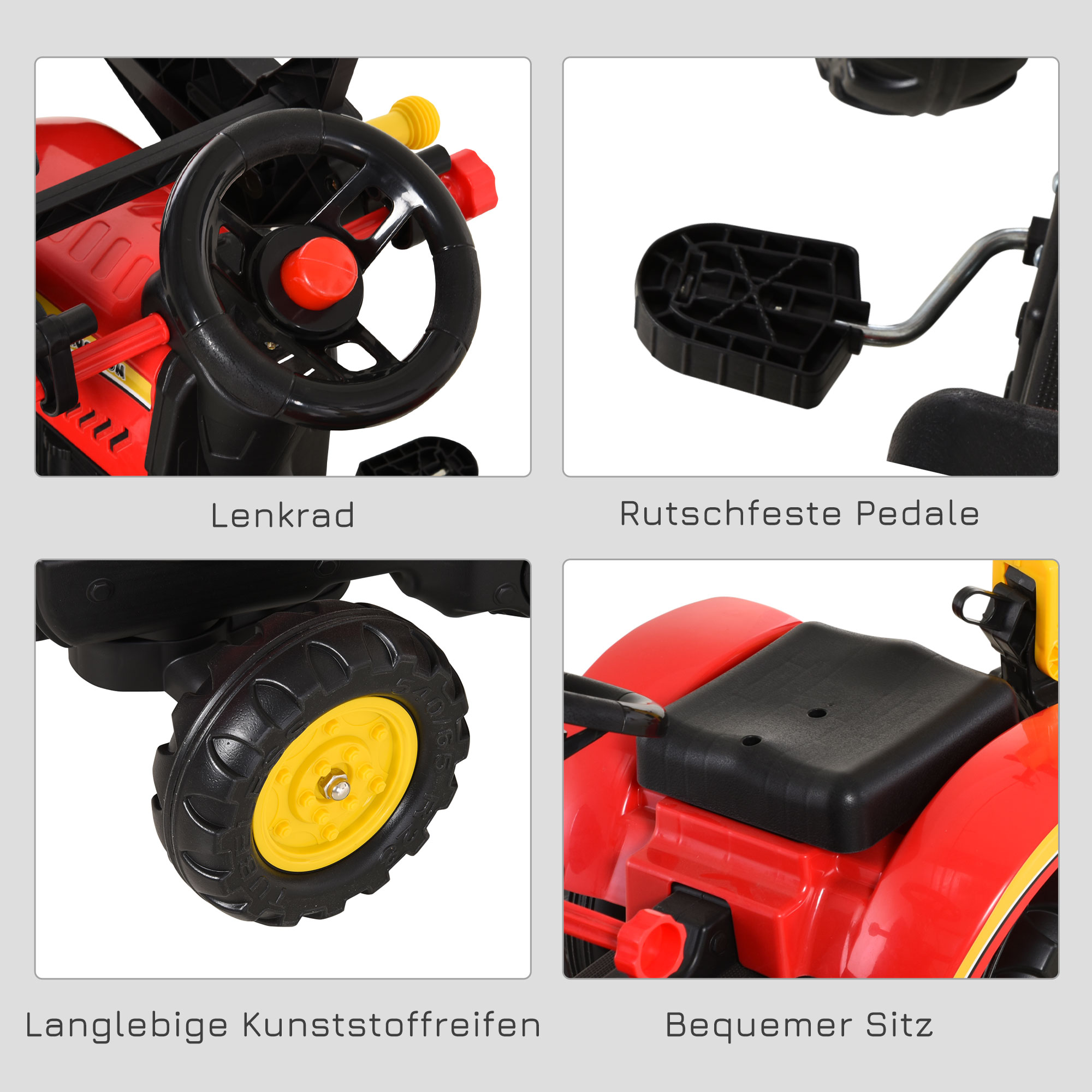 Trettraktor mit Anhänger, Frontlader, verstellbarer Schaufel, Traktor Tretfahrzeug für Kinder ab 3 Jahren Rot