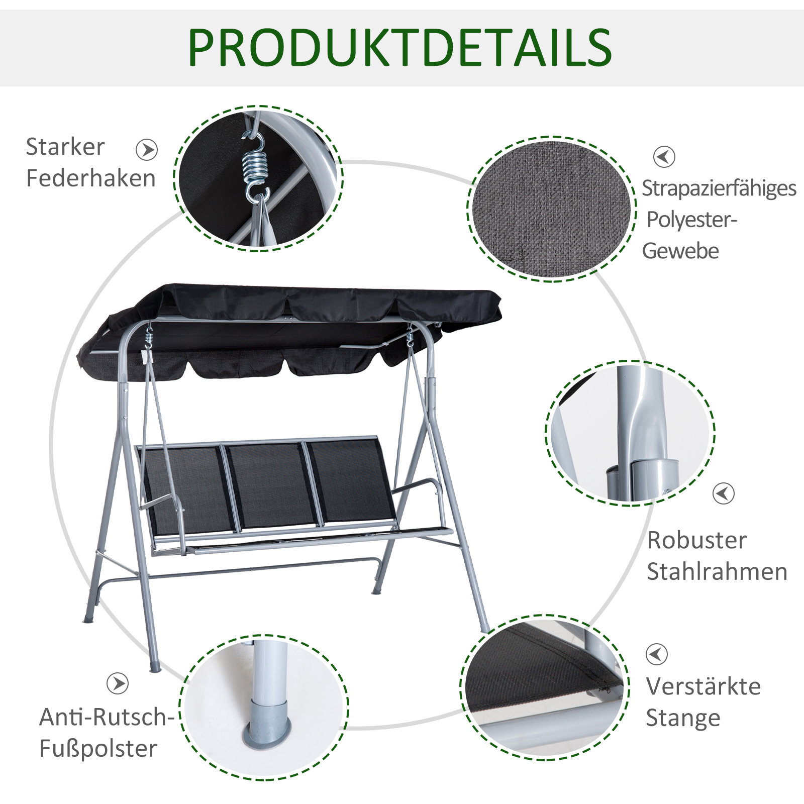 Hollywoodschaukel mit verstellbarem Sonnendach, 3-Sitzer Gartenschaukel mit Anti-Rutsch-Füßen, Schaukelbank belastbar bis 240 kg, Gartenliege für Garten, Terasse, 171x108x150cm, Schwarz