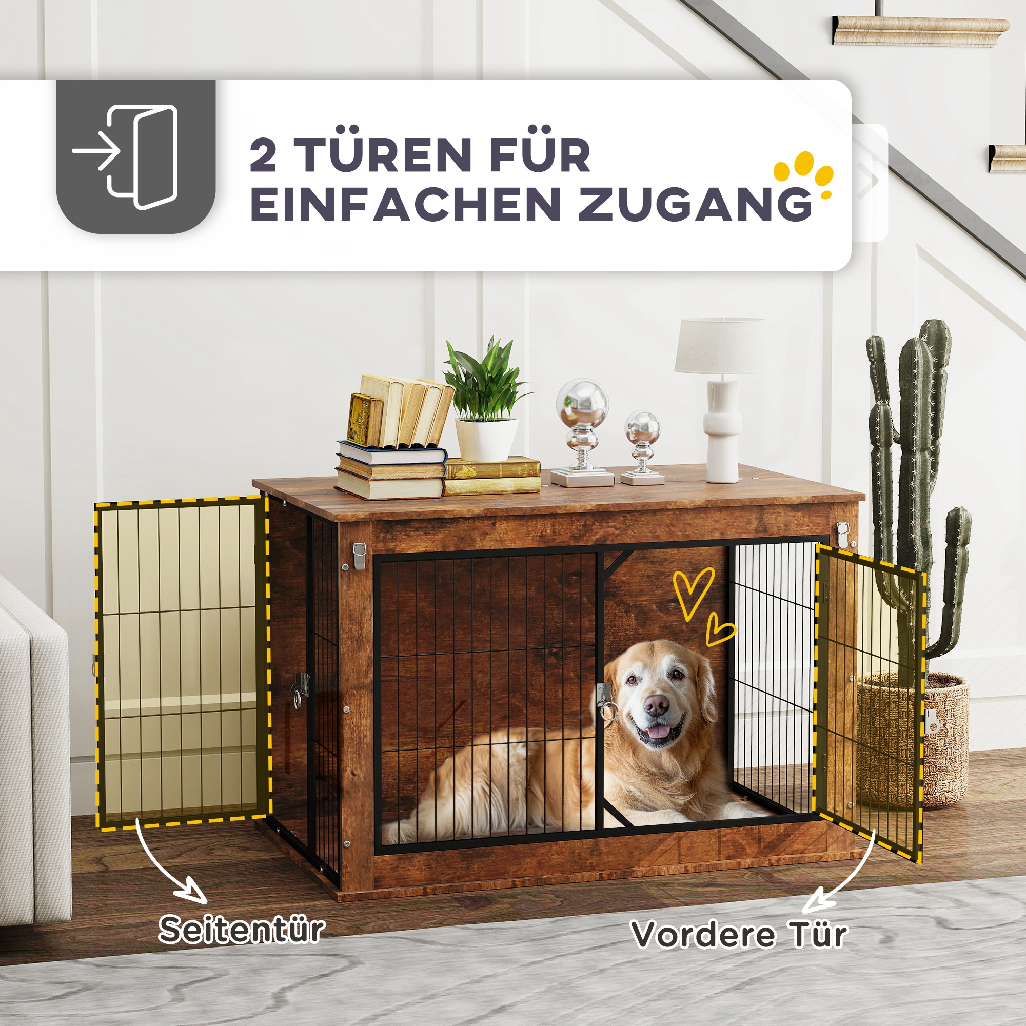 Hundebox, Transportbox für Hunde, Aufenthaltsbox, für Haustiere, 2 verschließbare Türen, 98 x 60 x 65,5 cm, Braun