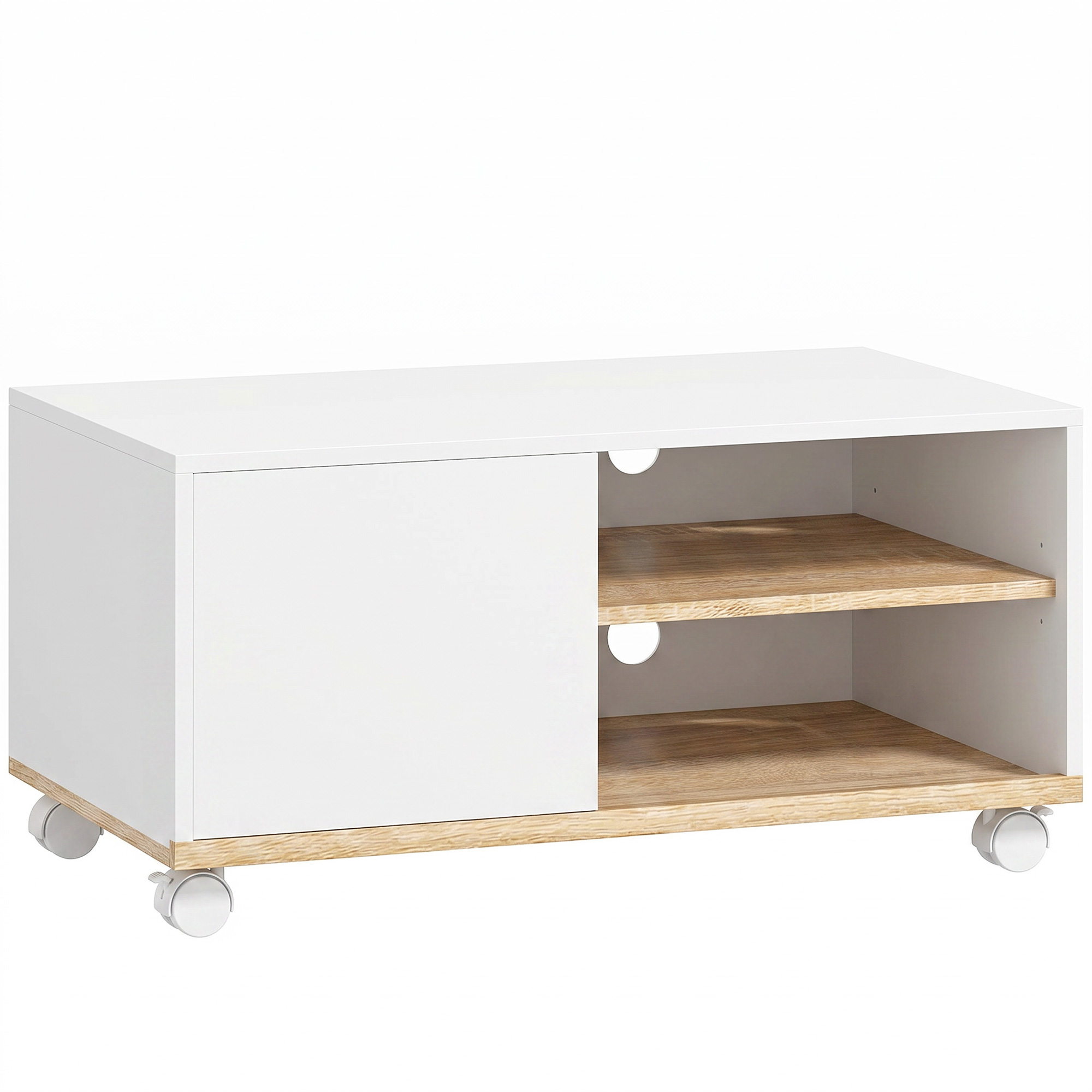 TV-Board auf Rollen mit Bremsen, TV-Möbel mit Schrank und verstellbarer Ablage, Weiß und Eiche