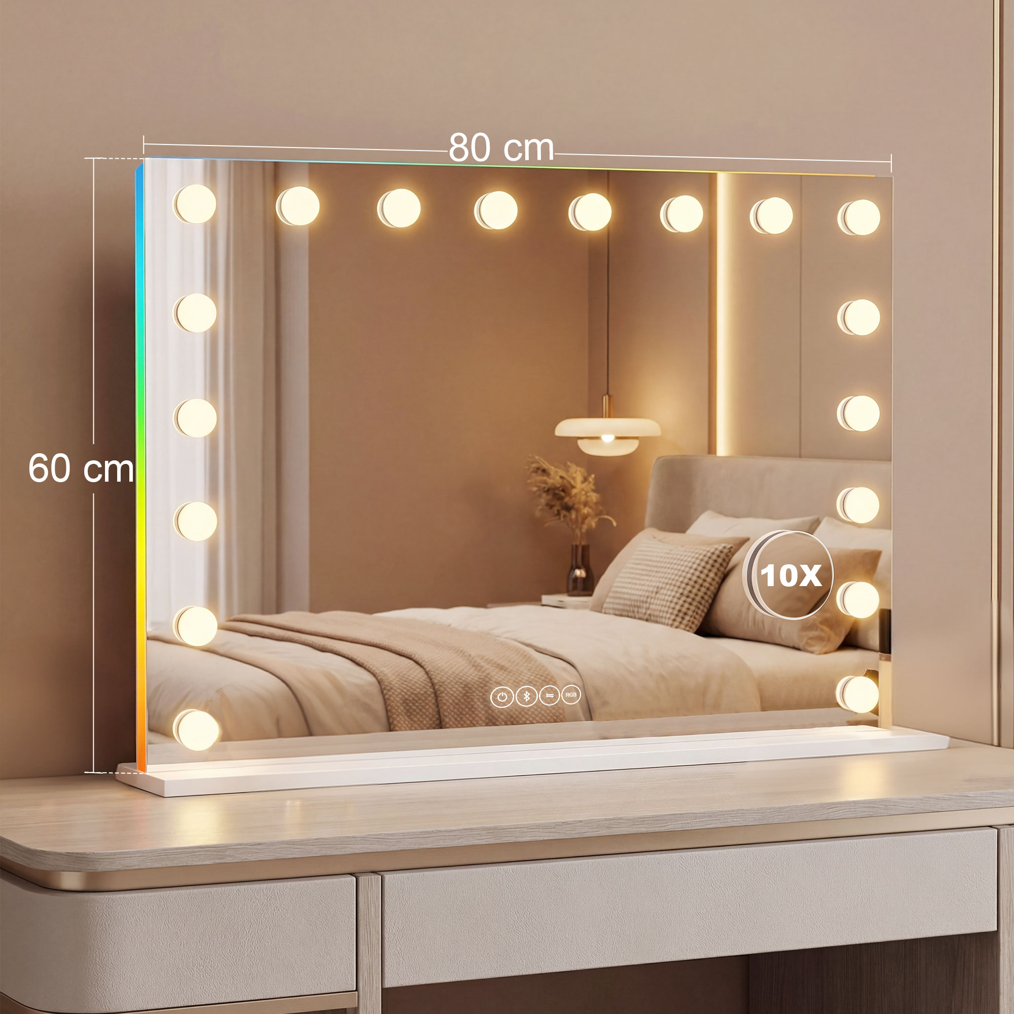 Hollywood Schminkspiegel mit 18 dimmbaren LED-Lampen, 3 Farben, RGB-Licht, Bluetooth-Lautsprecher, 10x Vergrößerung Weiß