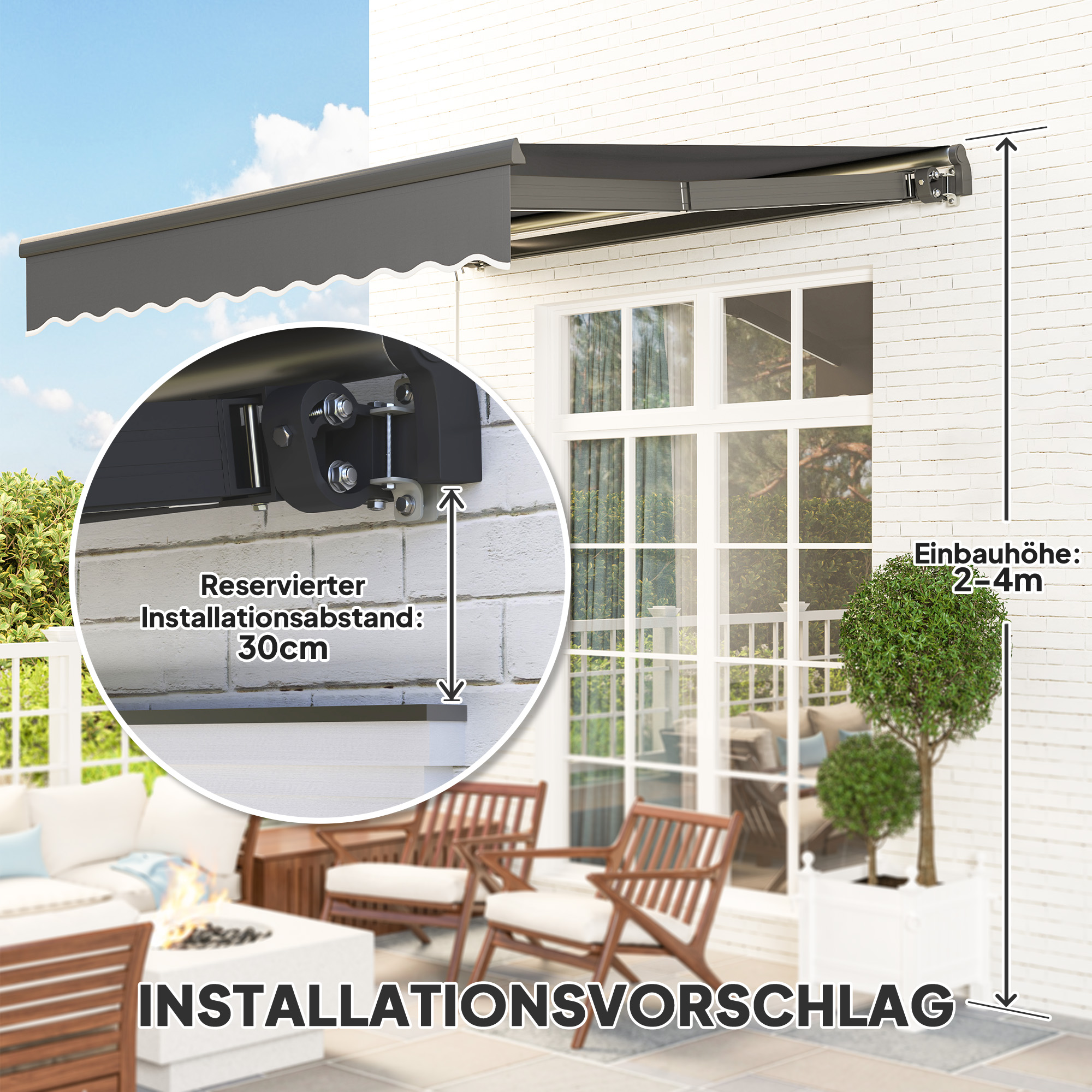 Klemmmarkise mit Handkurbel Solar-Lichte Gelenkarmmarkise Markise Sonnenschutz UV 50+ 300 cm breit Grau