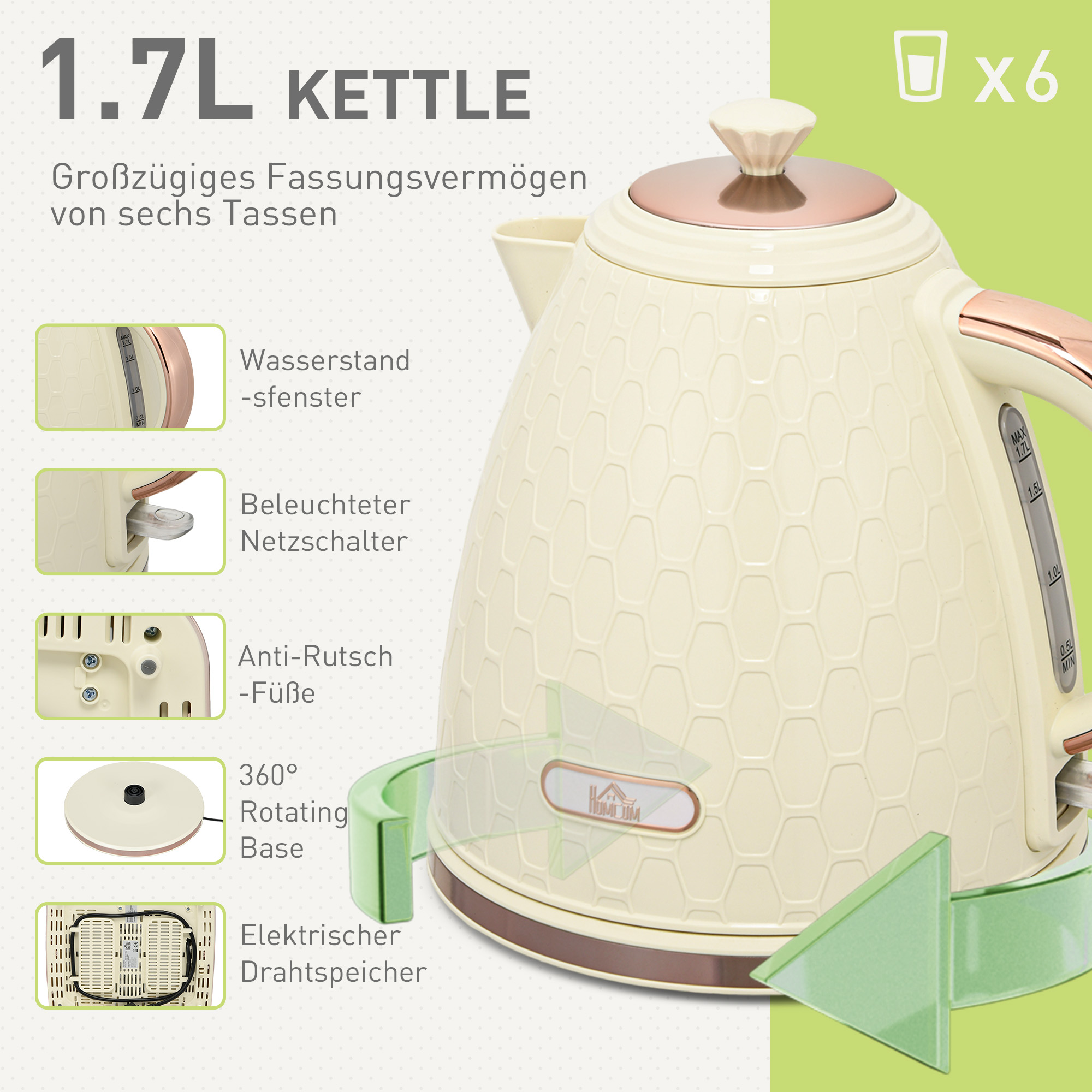2-in-1 Küchenset, Toaster und Wasserkocher, mehrere Optionen, 1,7 L, 4 Toastscheiben gleichzeitig, Kunststoff, Beige