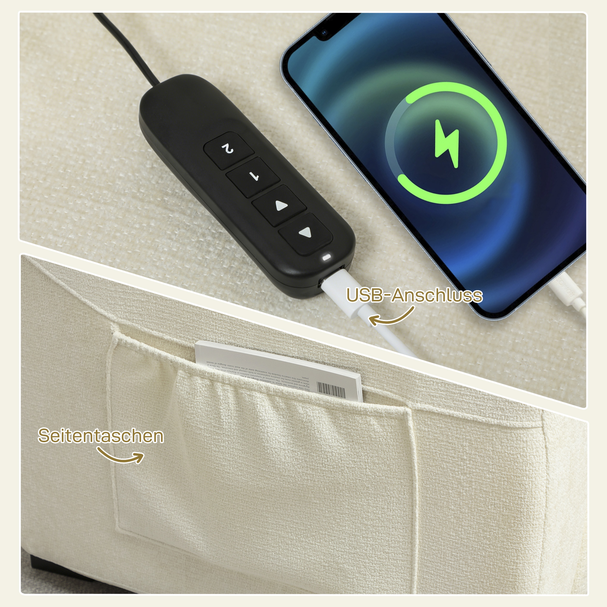 elektrischer Relaxsessel Fernsehsesel mit Fußstütze, Seitentaschen, bürstenlosem Motor, USB-Anschluss, Fernbedienung