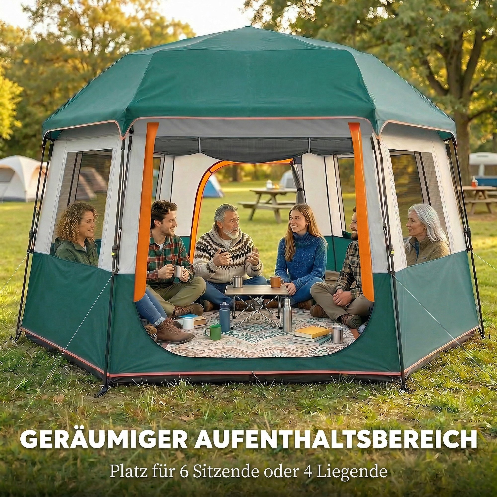 Campingzelt für 4-6 Personen stabil 3000mm wasserdicht Familienzelt mit abnehmbarem oberen Abdeckung UV30+ Schutz Grün