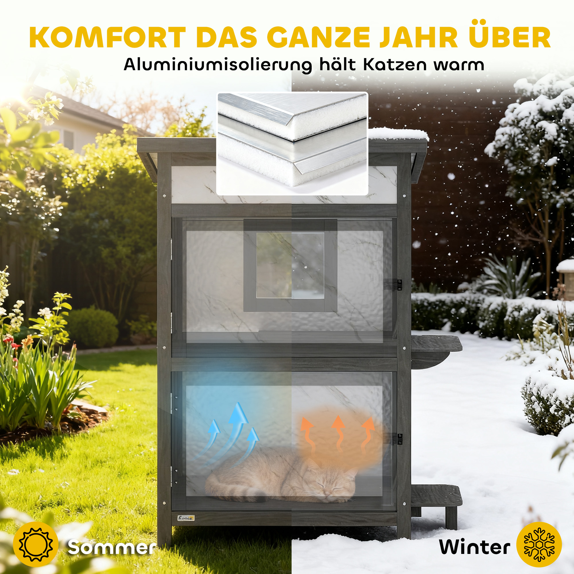 Outdoor-Katzenhaus, Holzhaus für Katzen, mehrere Eingänge, Fenster, Wasserfest, 60 x 60 x 88 cm, Weiß