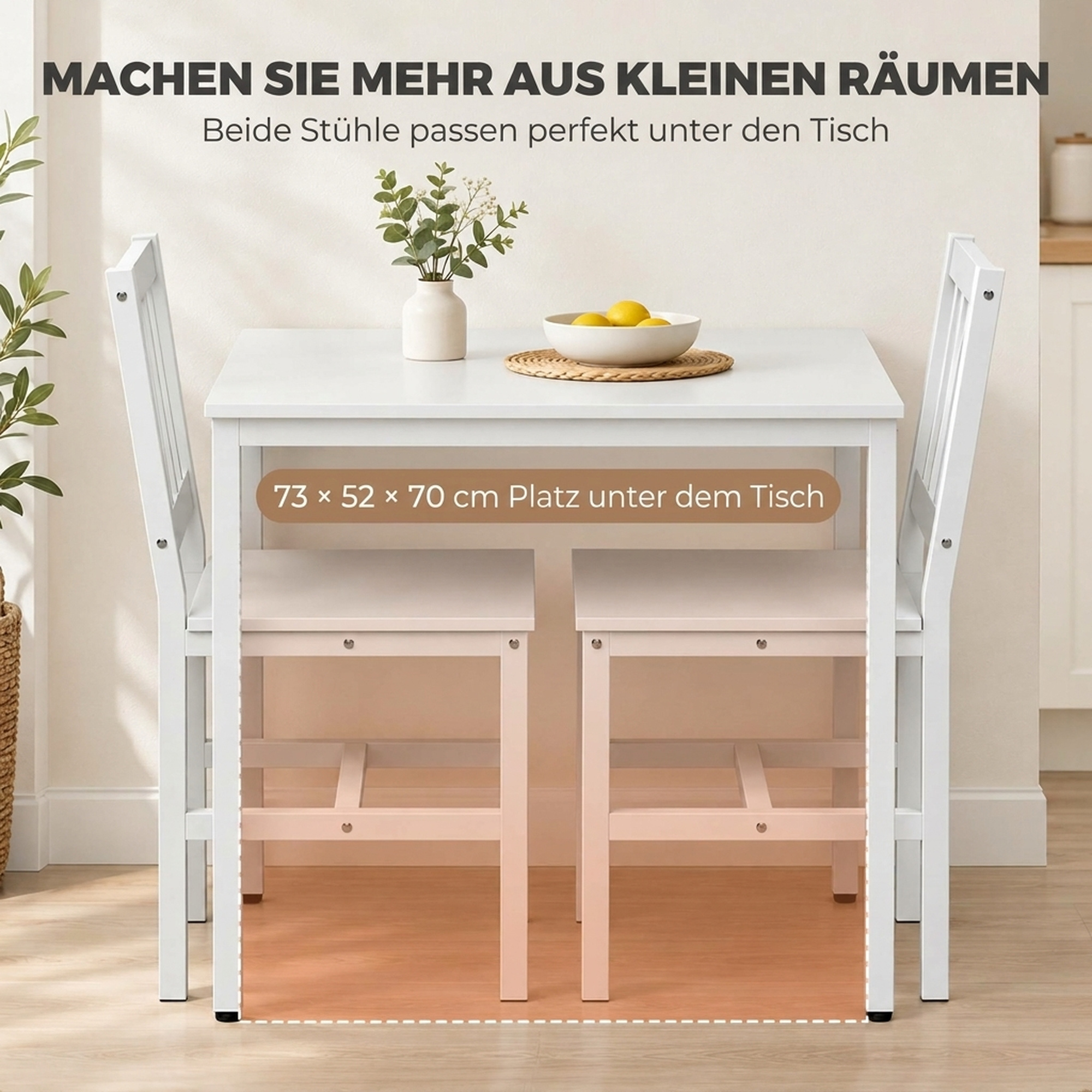 Platzsparende Essgruppe, rechteckiger Küchentisch mit 2 Stühlen, Weiß