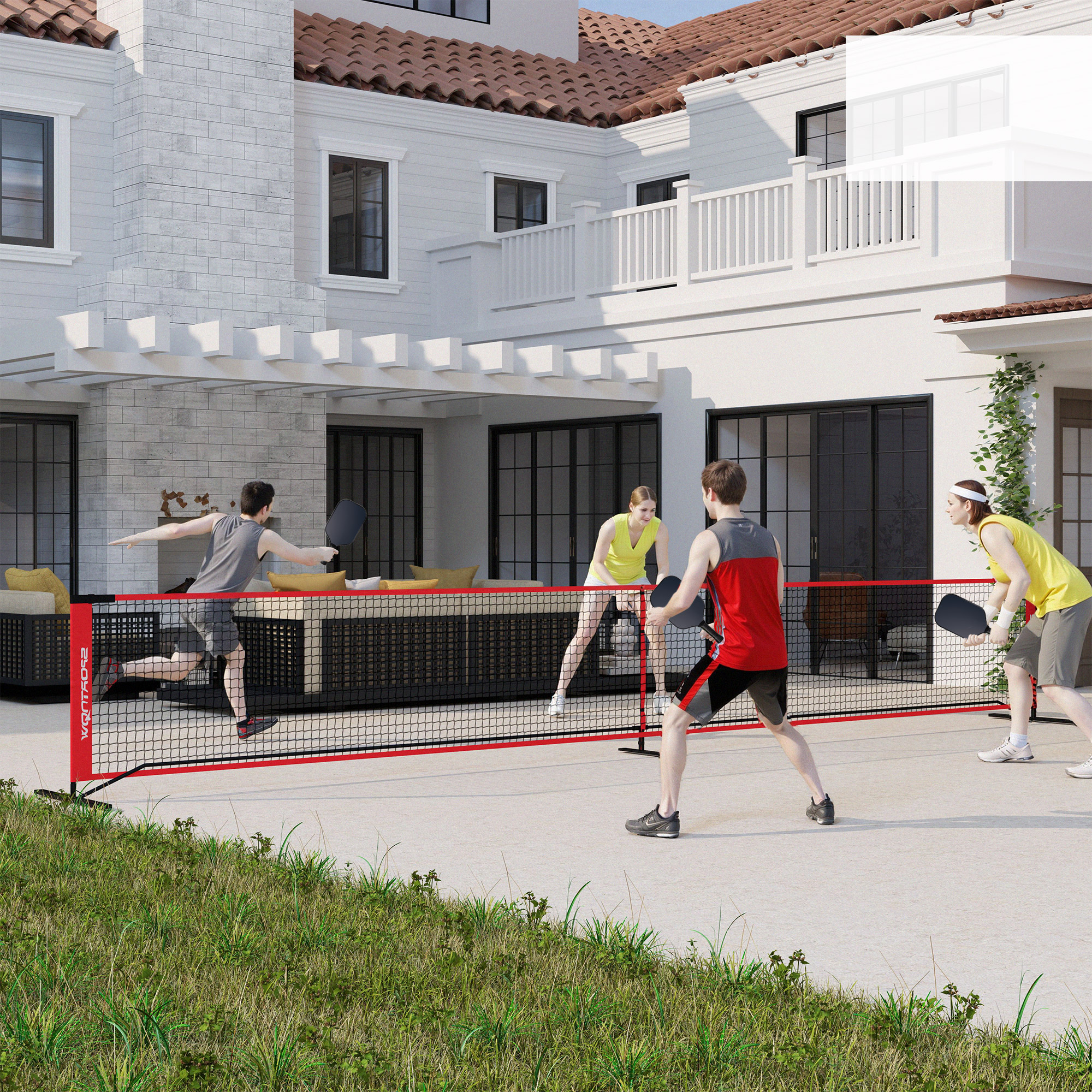 Pickleball-Set mit Netz, Ständer, Bällen, Stahl, Kunststoff, Rot