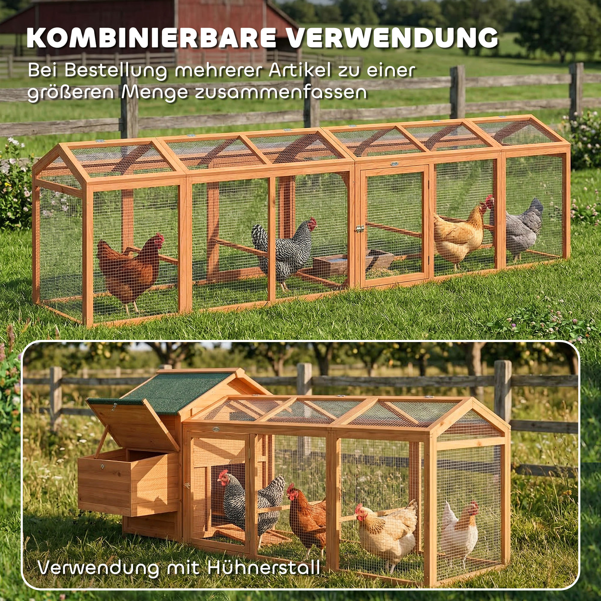 Hühnerstall Freilaufgehege mit Sitzstange Doppeltüren, aus Holz und Metall, für 4 Hühner, 156 x 70,5 x 84 cm Orange