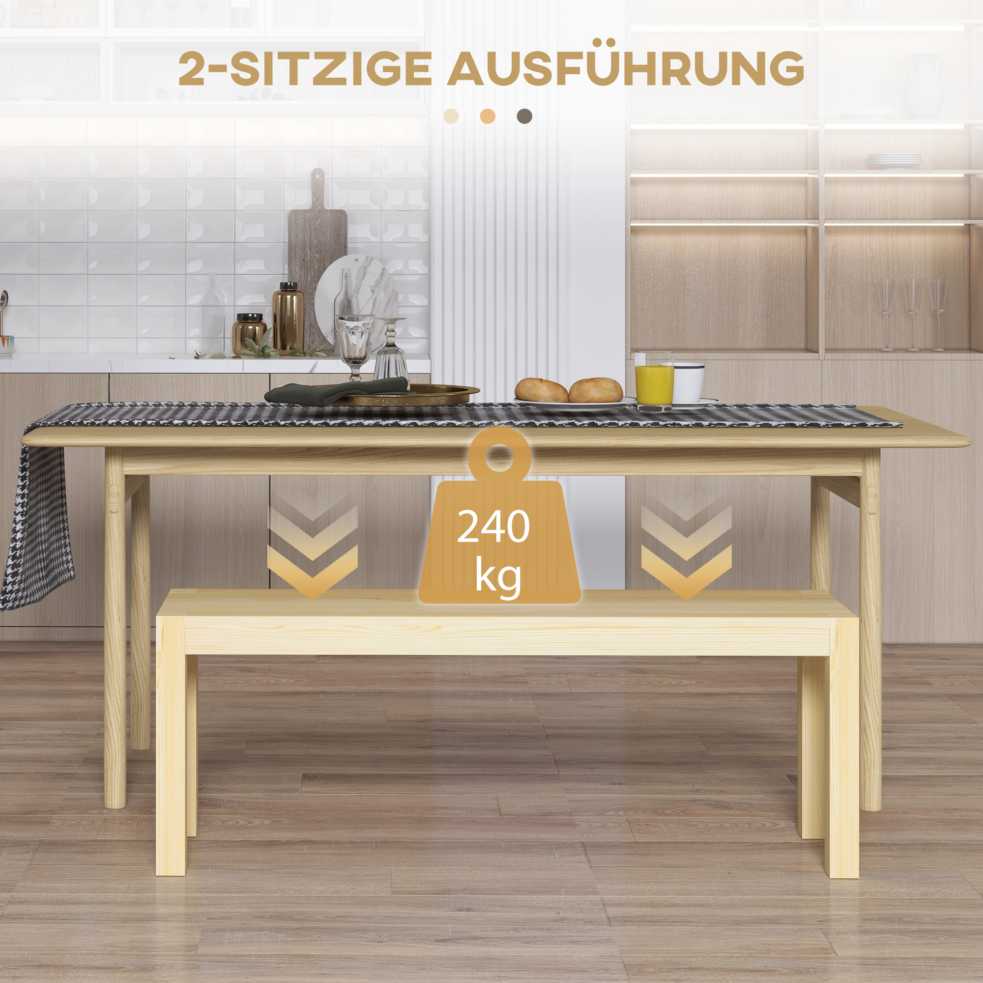 Sitzbank Holzbank Küchenbank, Massivholz, 3-Sitzerbank, 120 cm x 33 cm x 45 cm, Natur