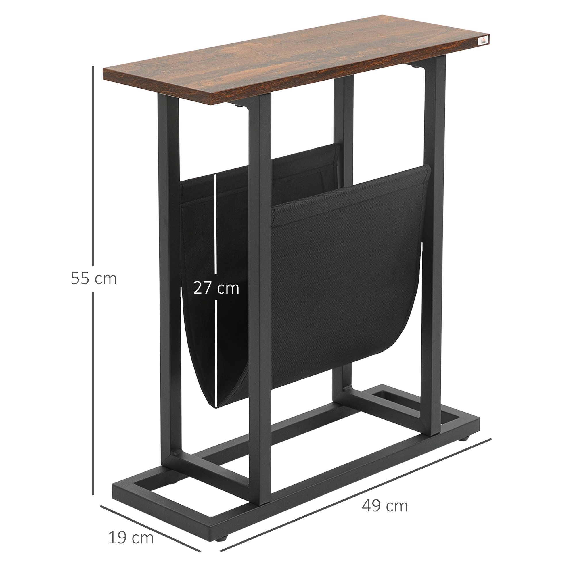 Beistelltisch, Nachttisch, schmales Design, mit Stofftasche, Stahl, dunkelbraun+schwarz, 49 x 19 x 55cm