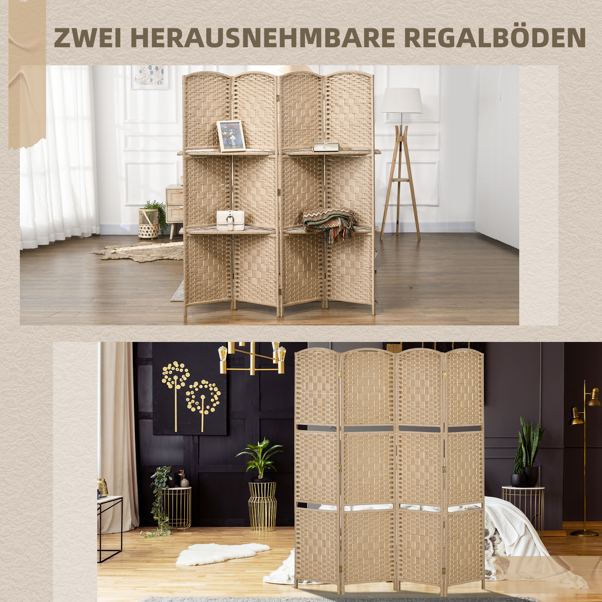 4-teiliger Paravent, 160 x 170 cm, faltbare Trennwand mit 2 Regalen, Naturholz