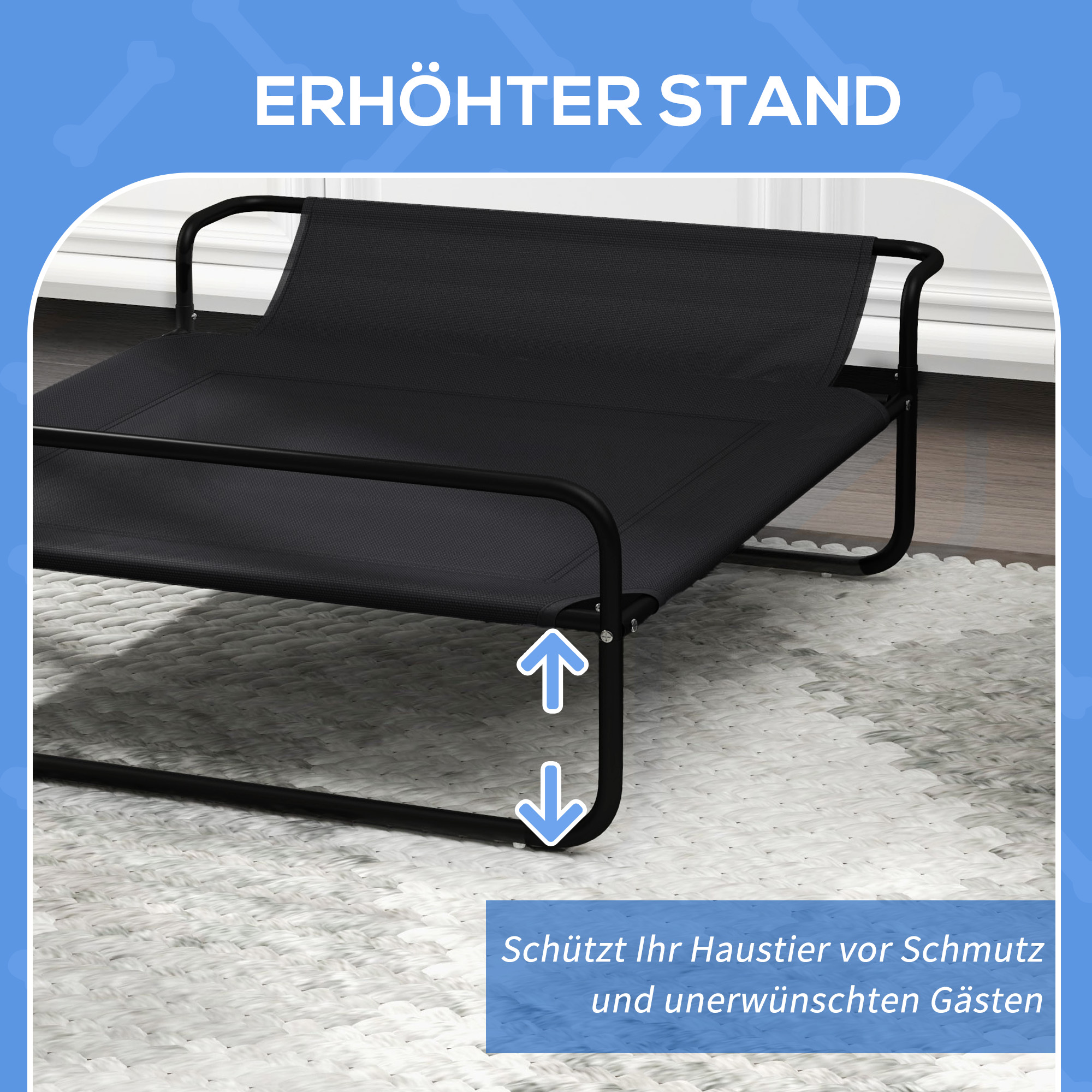 Hundebett, erhöhte Bauweise, Mesh-Bezug, Stahlrahmen, 29 x 91 x 69 cm, Schwarz