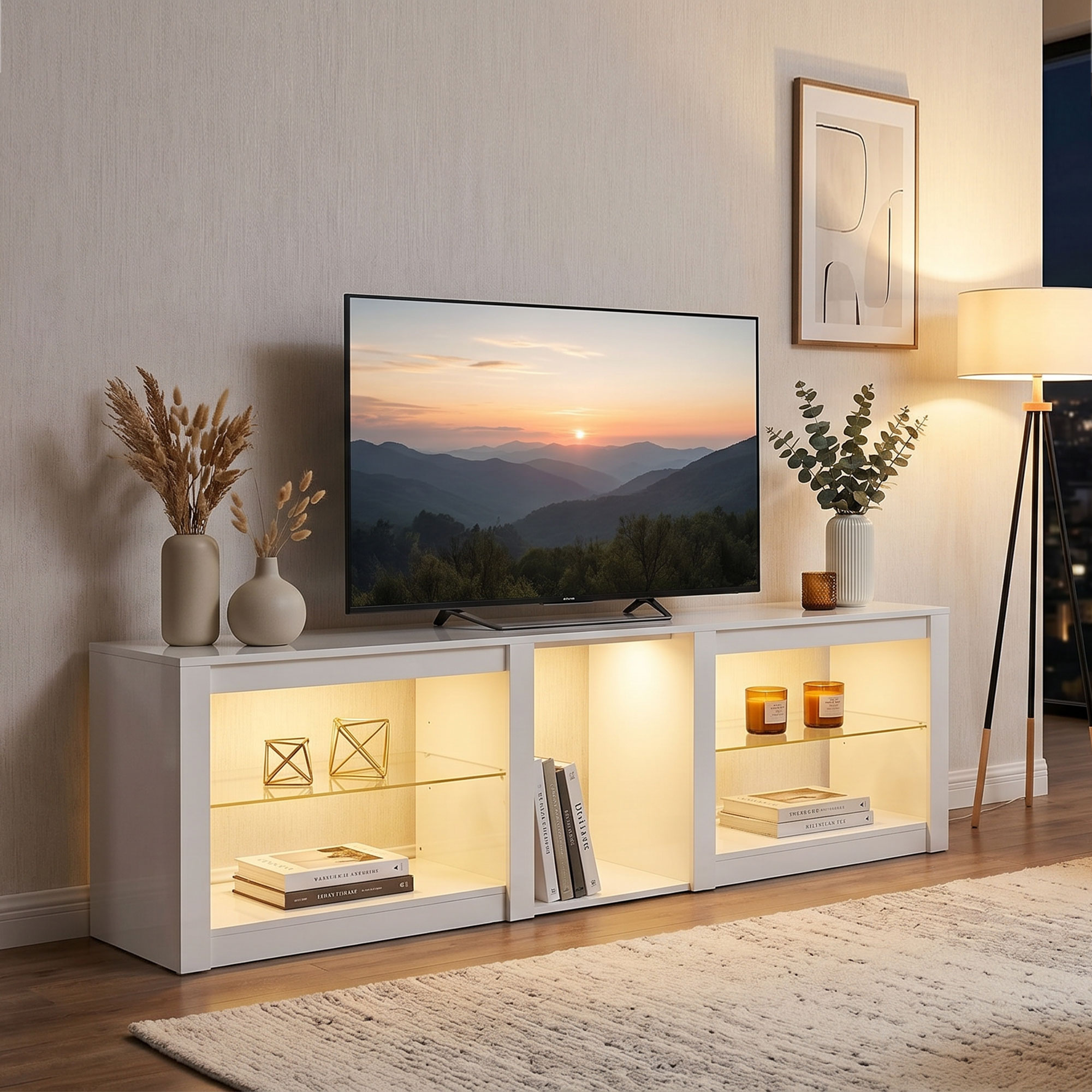 TV-Lowboard mit RGB-LED-Beleuchtung, Modernes TV-Möbel mit verstellbaren Glasböden, für Fernseher bis 75 Zoll, Weiß