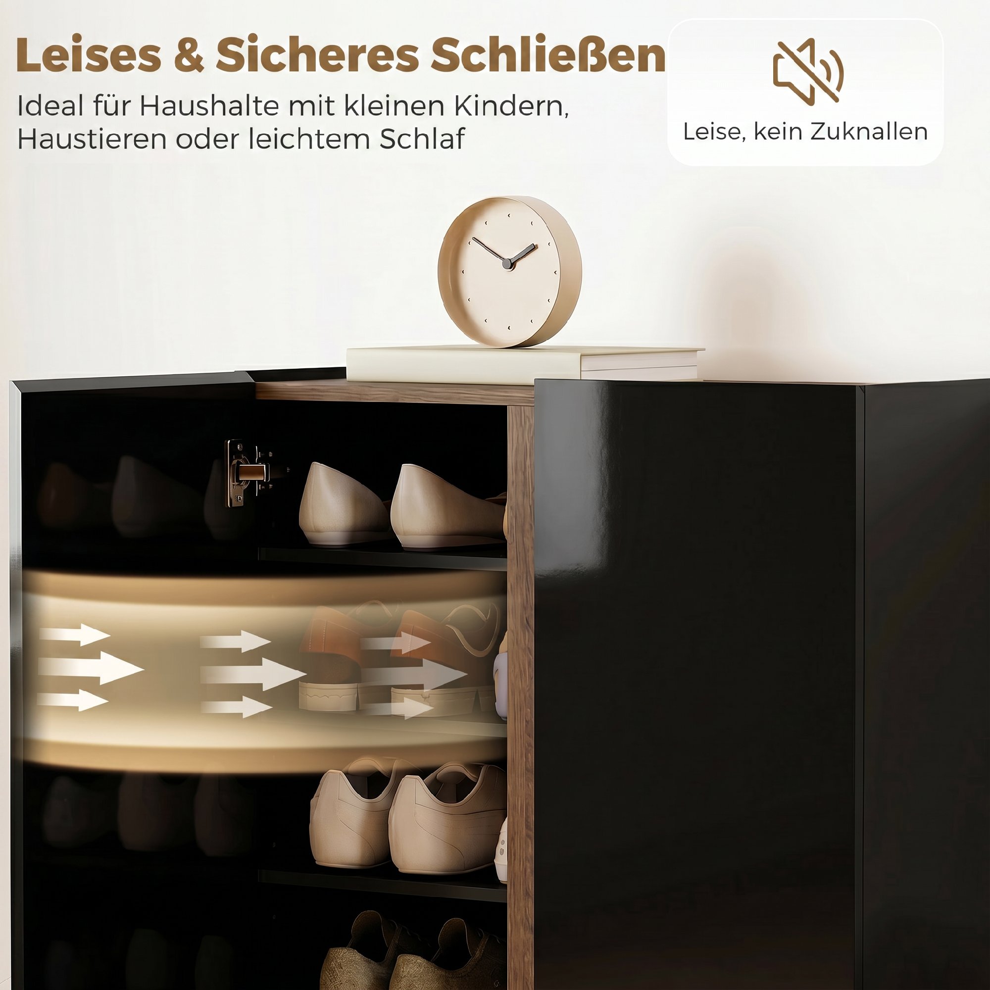 Schuhschrank mit leiser Sicherheitsöffnung, 6 Ebenen, grifflose Design, Hochglanz Schwarz