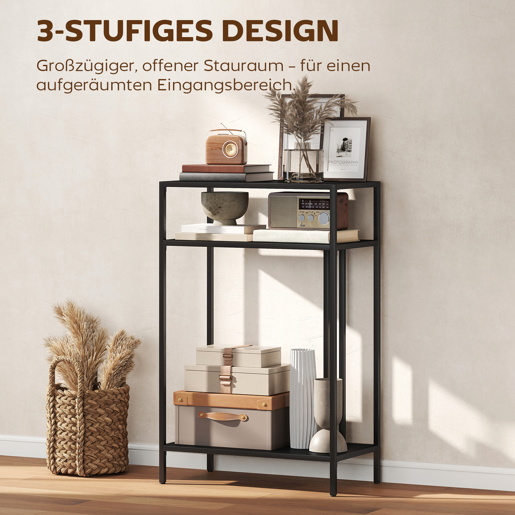 Konsolentisch 3-stufige Ablagen Schmaler Eingangsbereichstisch Stahlrahmen für Wohnzimmer Flur 55 cm Schwarz