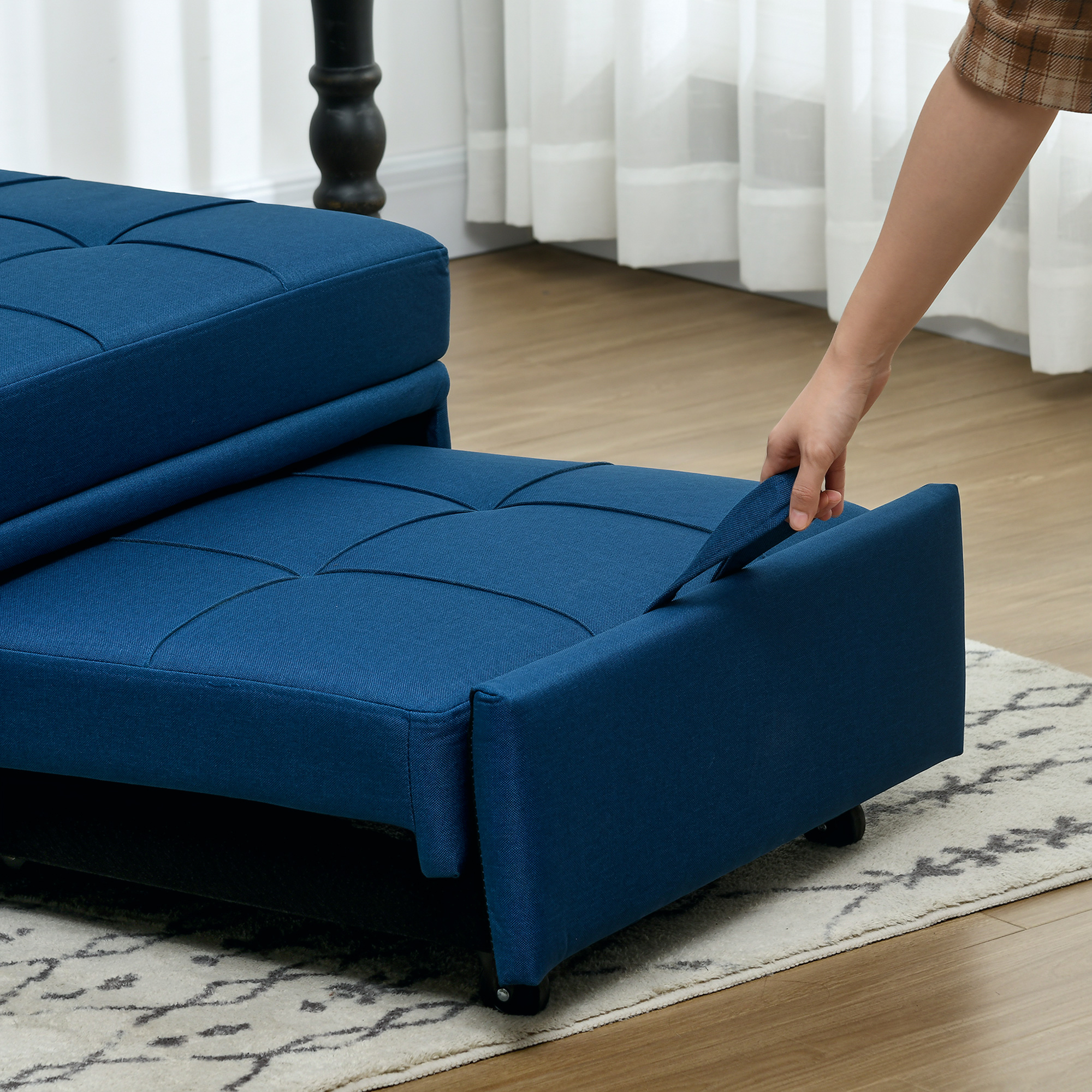3-in-1 Klappsessel mit Seitentasche, Gästebett mit Kissen, Verstellbarer Rückenlehne, Bettsessel mit Rollen, Blau