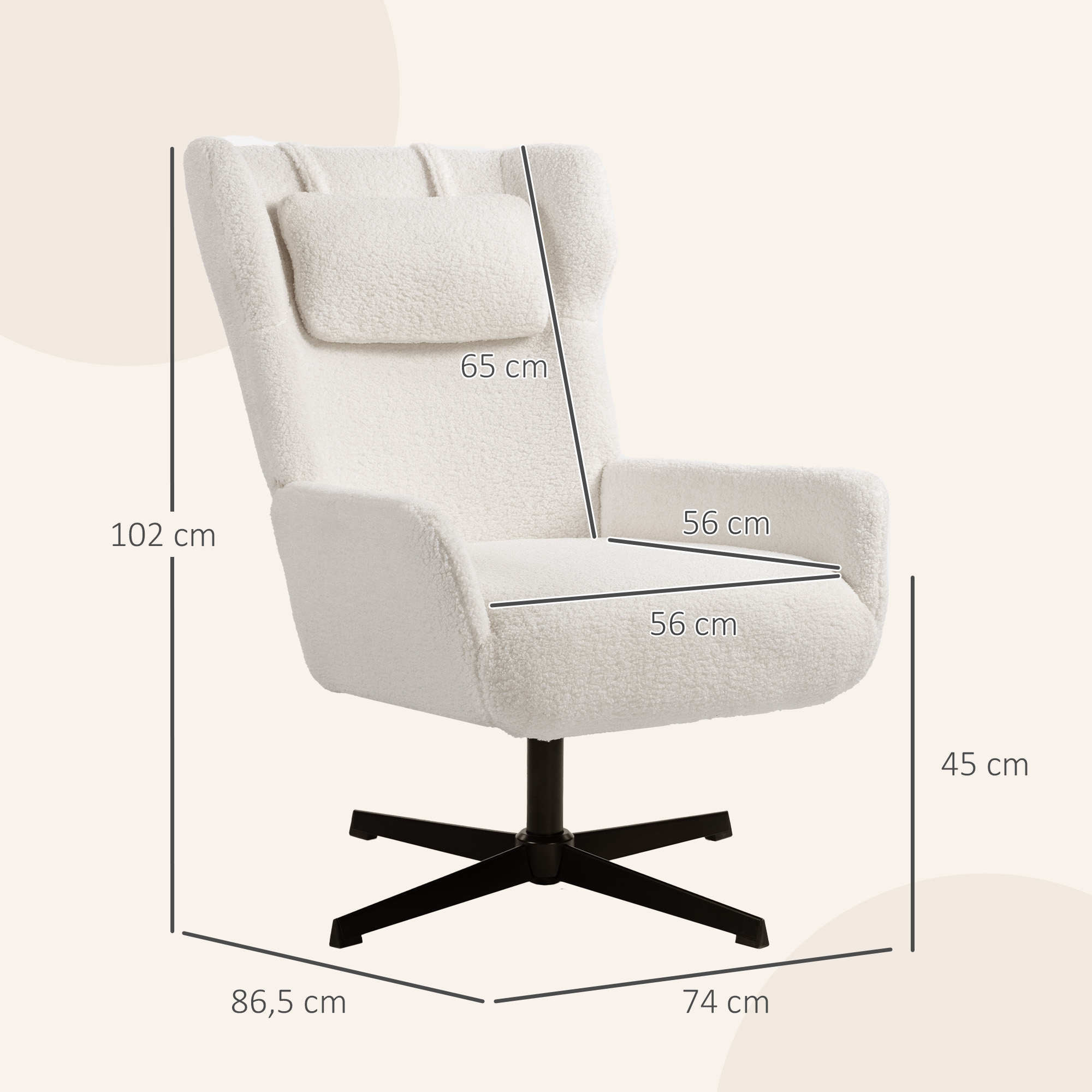 Akzentstuhl, Polstersessel mit Fleece-Bezug, Drehfuß, Metallrahmen, Cremeweiß