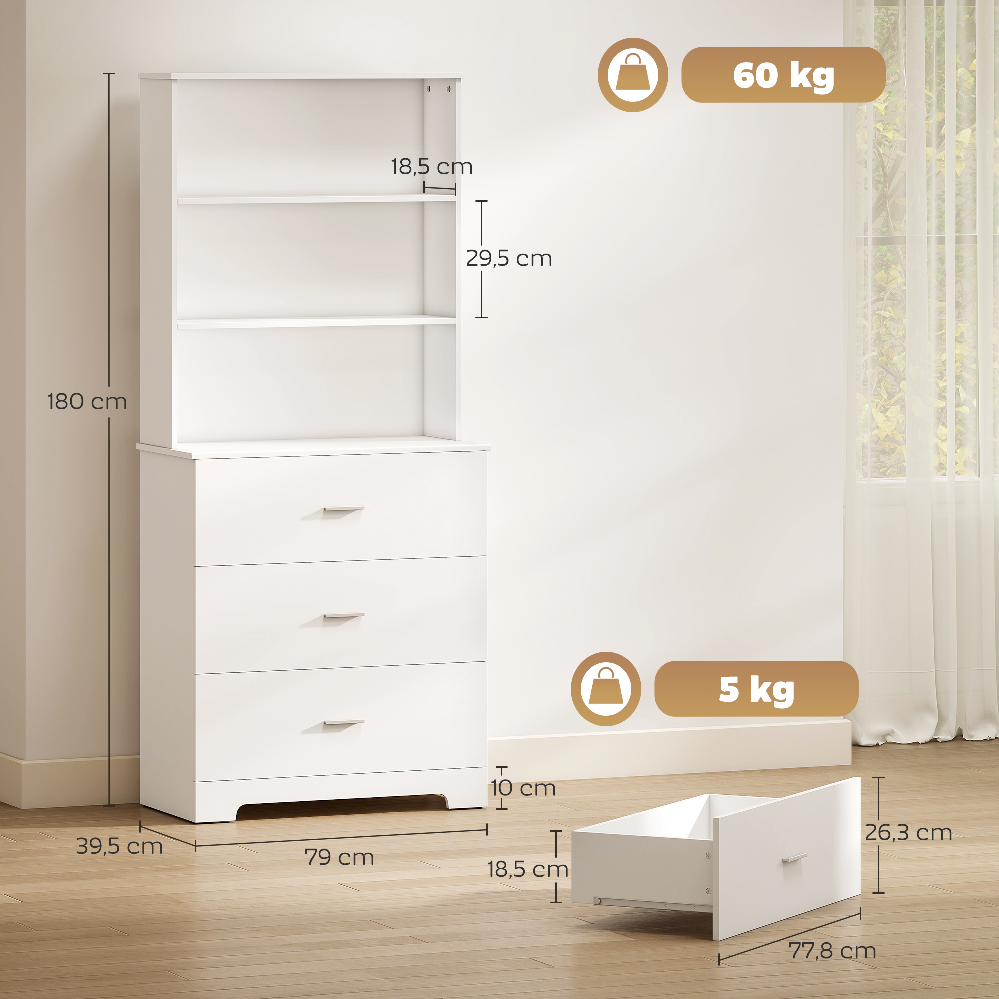 Bücherschrank Hochschrank Vitrinenschrank mit 3 Schubladen, 3 offen Regalen, für Wohnzimmer Küche, 79x39,5x180 cm, Weiß