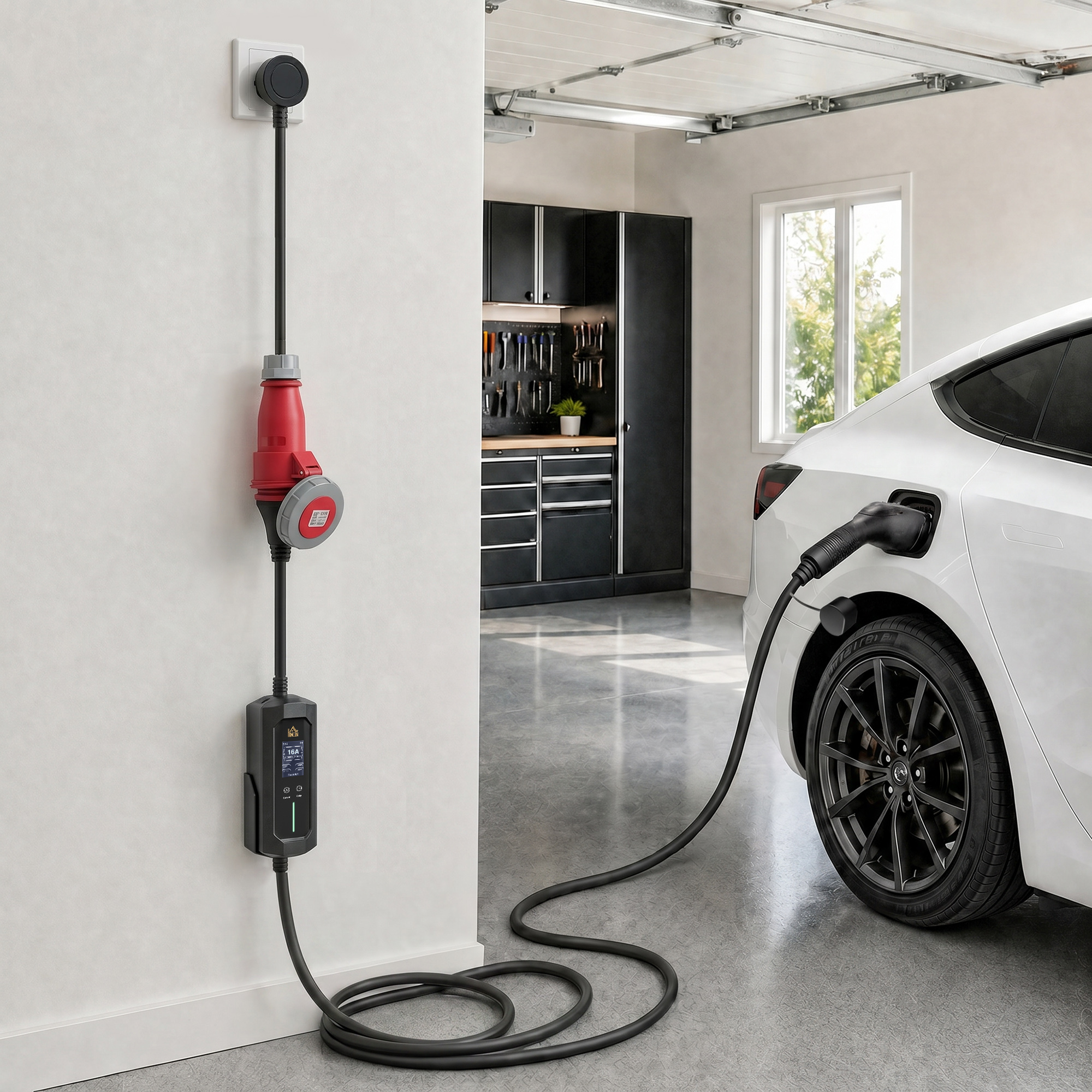 Mobile Wallbox 11kW 8m Typ 2 6–16 A 3-Phasig Ladekabel CEE 16A auf Typ 2 mit Einstellbarer Ladeleistung Startzeitvorwahl