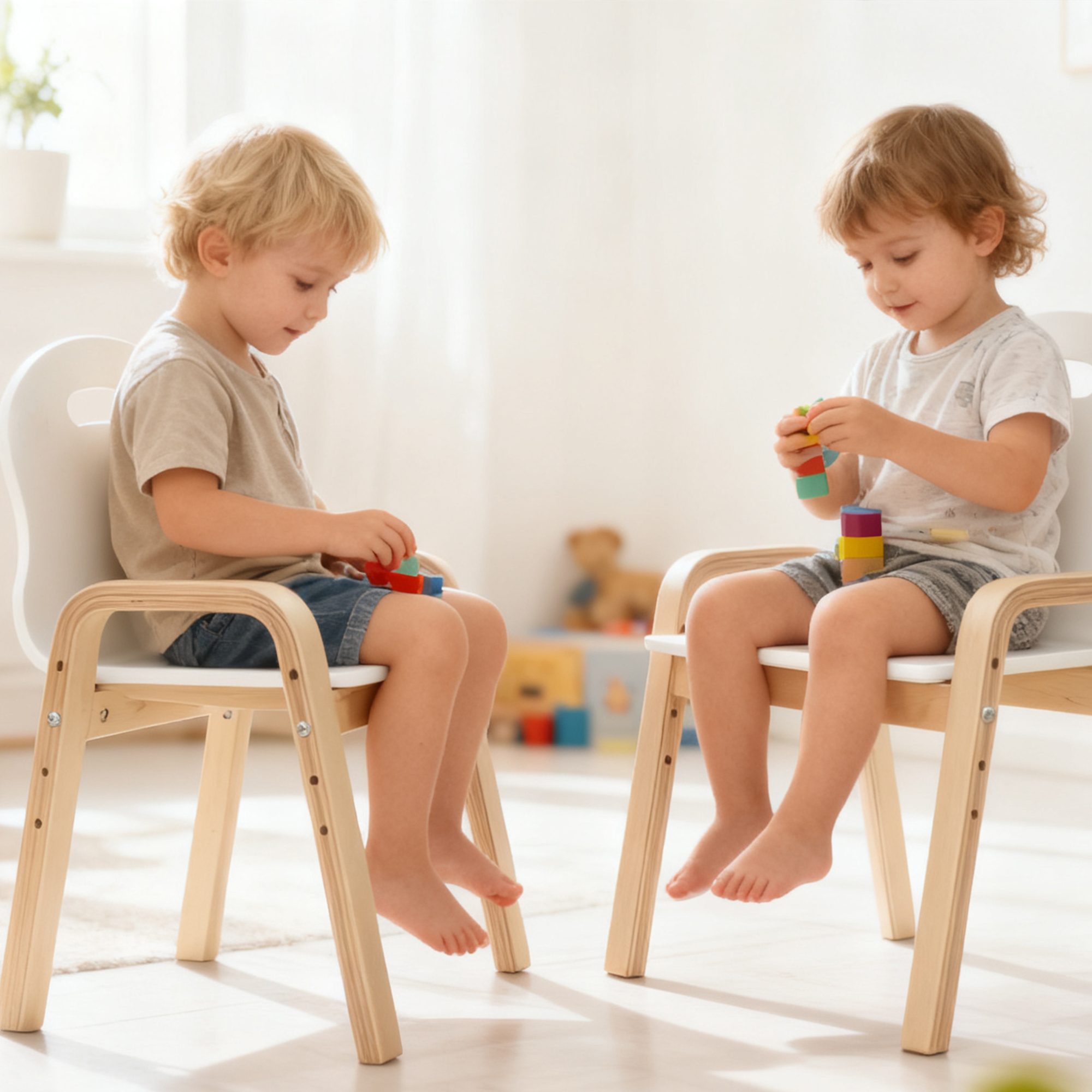 Holzstuhl-Set für Kinder, rutschfeste Fußpads, 3-15 Jahre, höhenverstellbar, Weiß