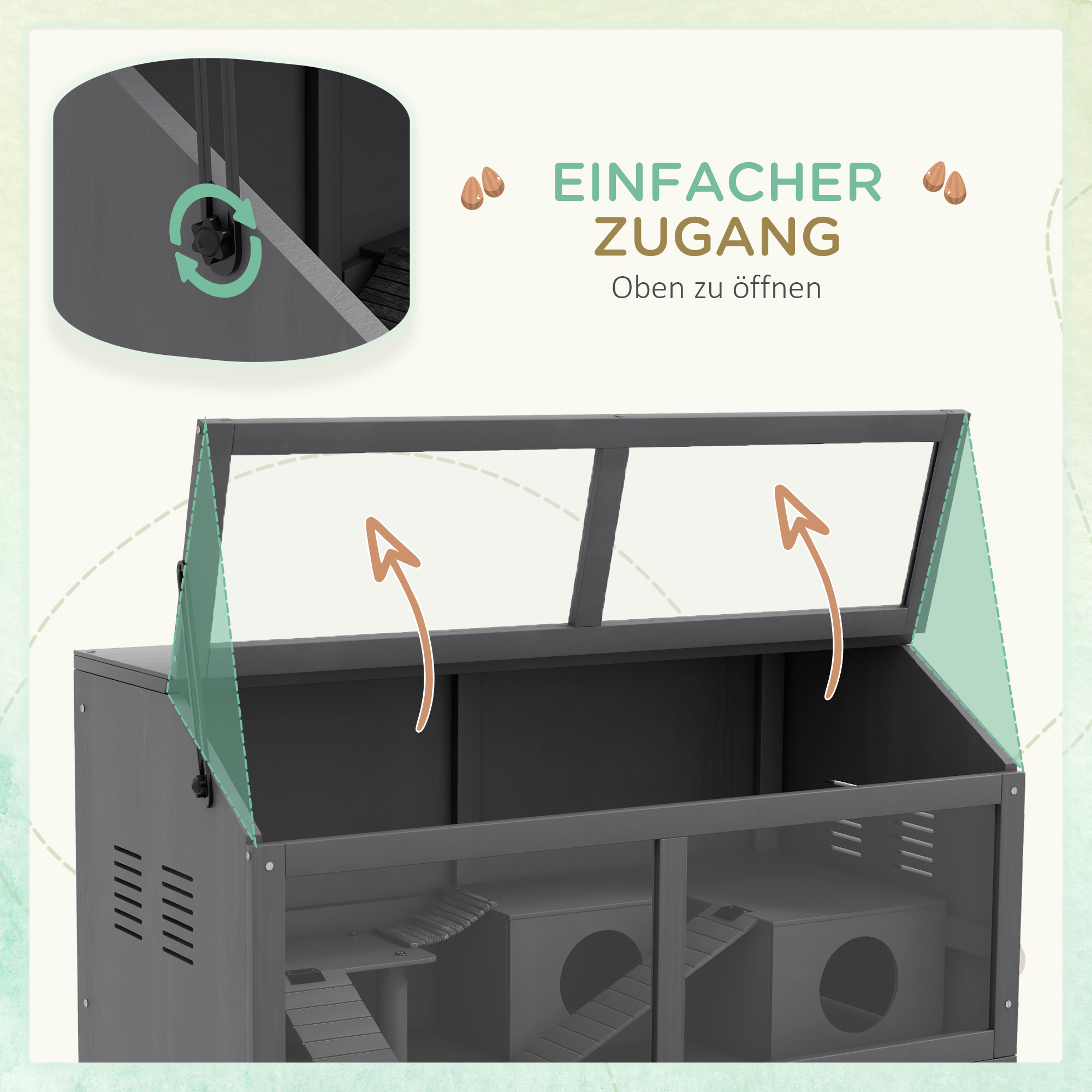 Hamsterkäfig, Kleintierkäfig aus Holz, Hängebrücke, Leitern, Hütte, 84 x 45 x 44 cm, für Zwerghamster, Grau
