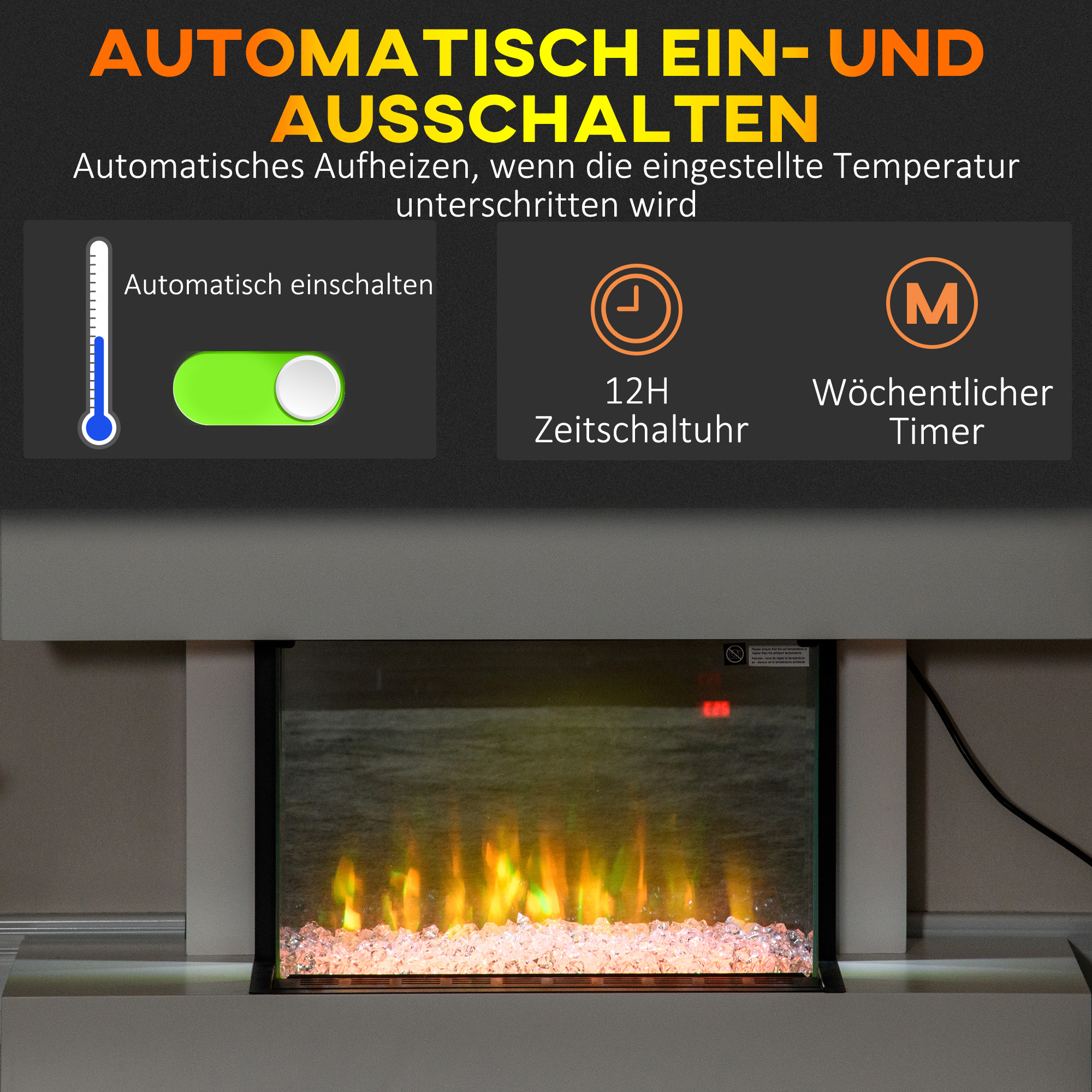 Elektrokamin, Wandkamin mit Heizung 2000 W, LED 3D-Flammeneffekt, Kristalle, in 11 Farben mit 3 Helligkeitsstufen, Elektrischer Kamin mit Fernbedienung, Timer, Wandmontage, Weiß