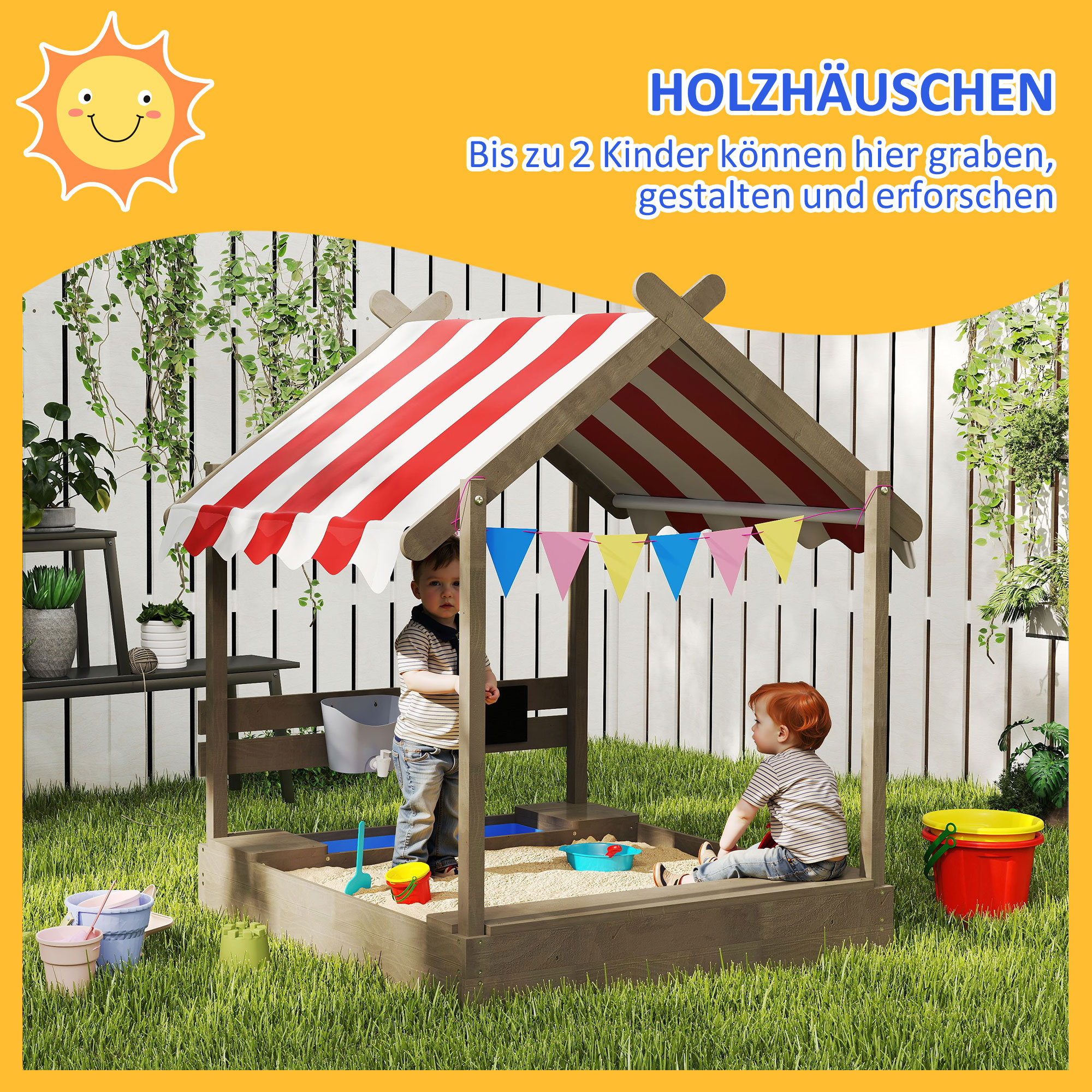 Sandkasten mit Sonnenschutz, Spielhaus-Design, mit Spielzeug-Set, behandeltes Massivholz, 124 x 116 x 146 cm, Grau