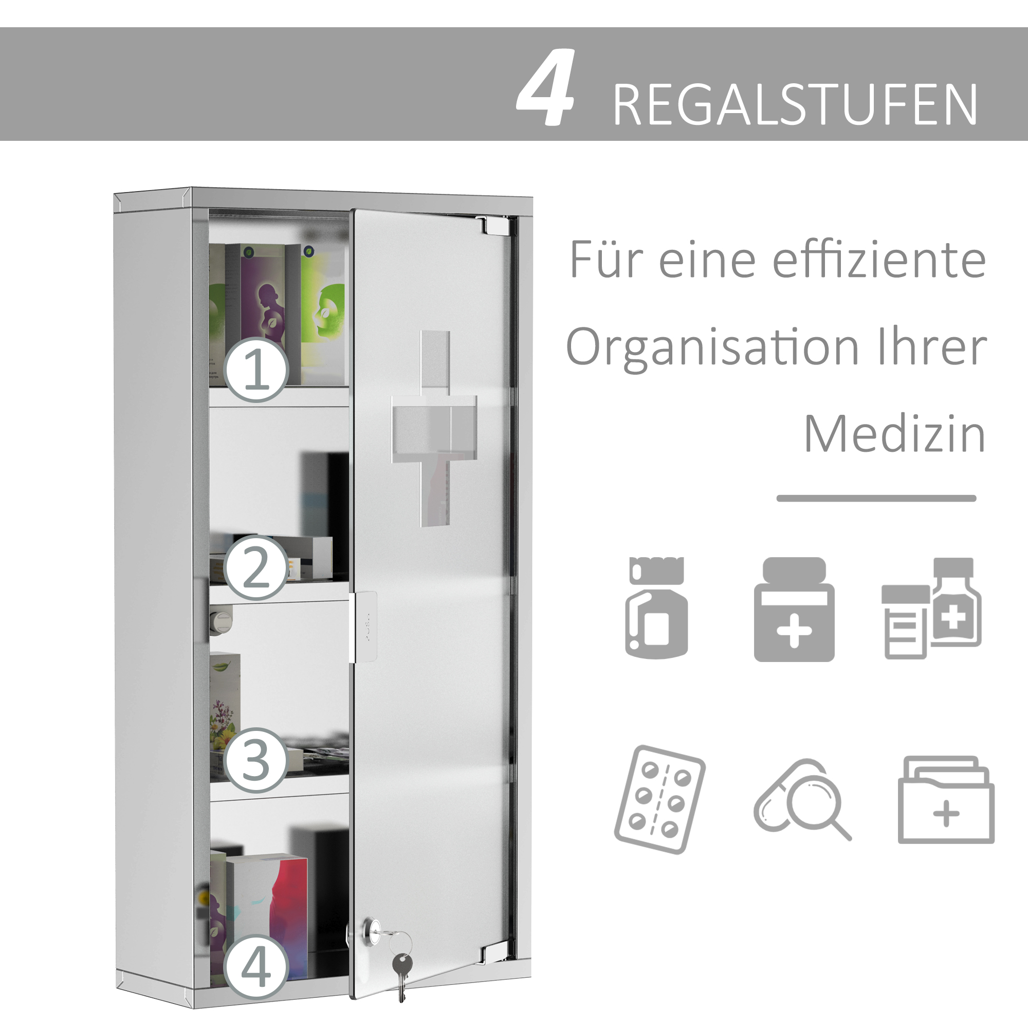 Medizinschrank Arzneischrank aus Edelstahl, Abschließbar Medikamentenschrank mit 4 Fächern, Glastür Apothekerschrank zur Medikamenten-Aufbewahrung, 30 x 12 x 60 cm