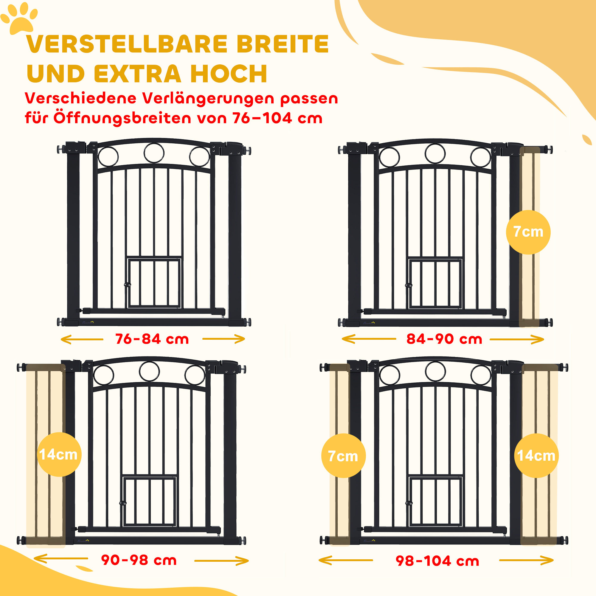 Haustiertor, 77 cm Treppengatter, verstellbare Breite 76-104 cm, mit Katzentür, für Treppen und Türöffnungen, Schwarz