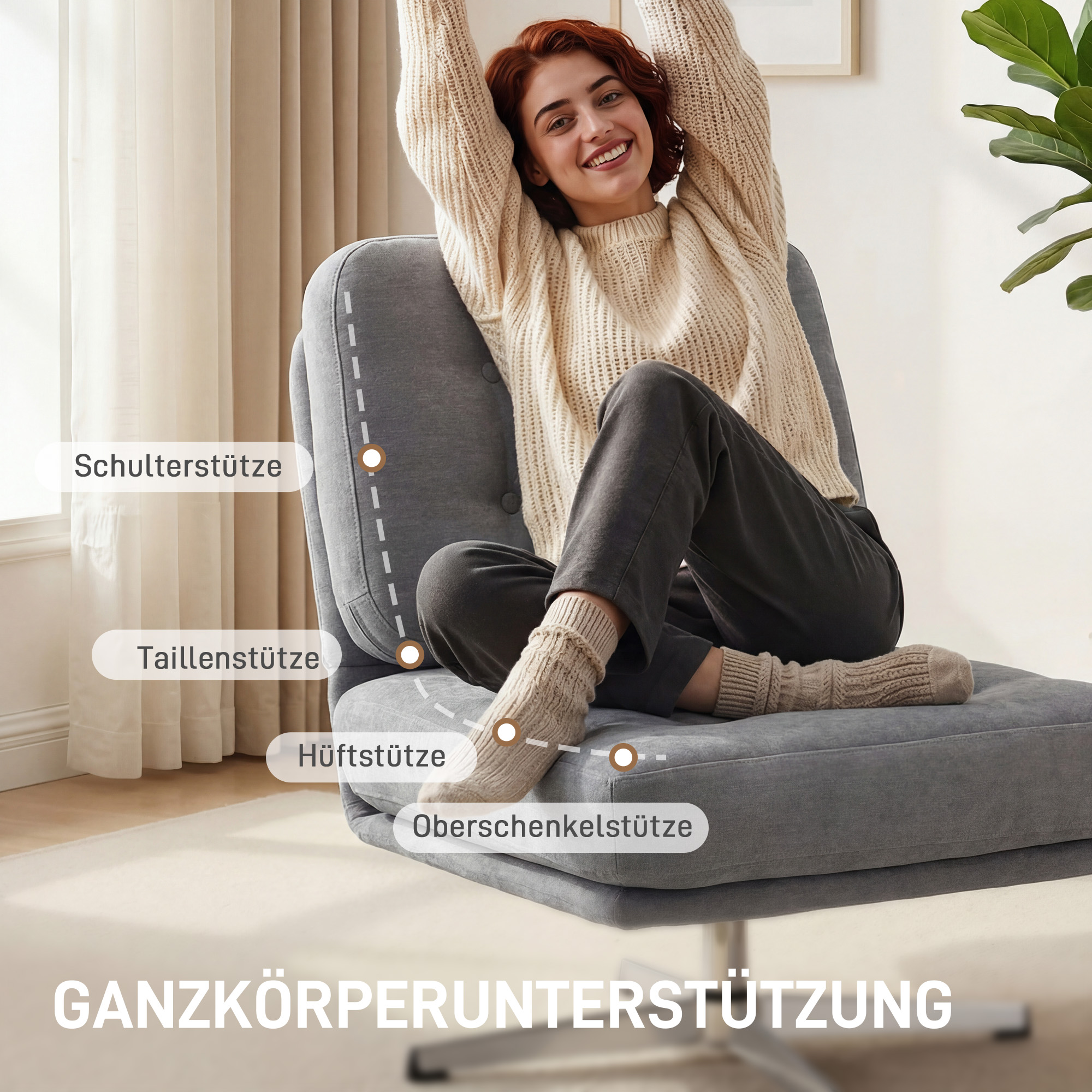 Drehbarer Akzentstuhl, gepolsterter Lesesessel mit Chenille, breitem Sitz, Federkissen und Metallbeinen, Hellgrau