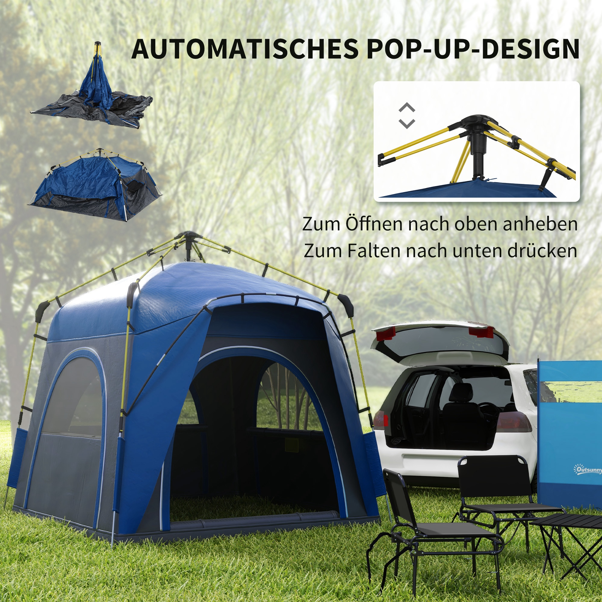 Pop Up Kuppelzelt für 3 Personen leicht, stabil wasserdicht UV 50+ mit Haken Tür Fenster, Bodenplane