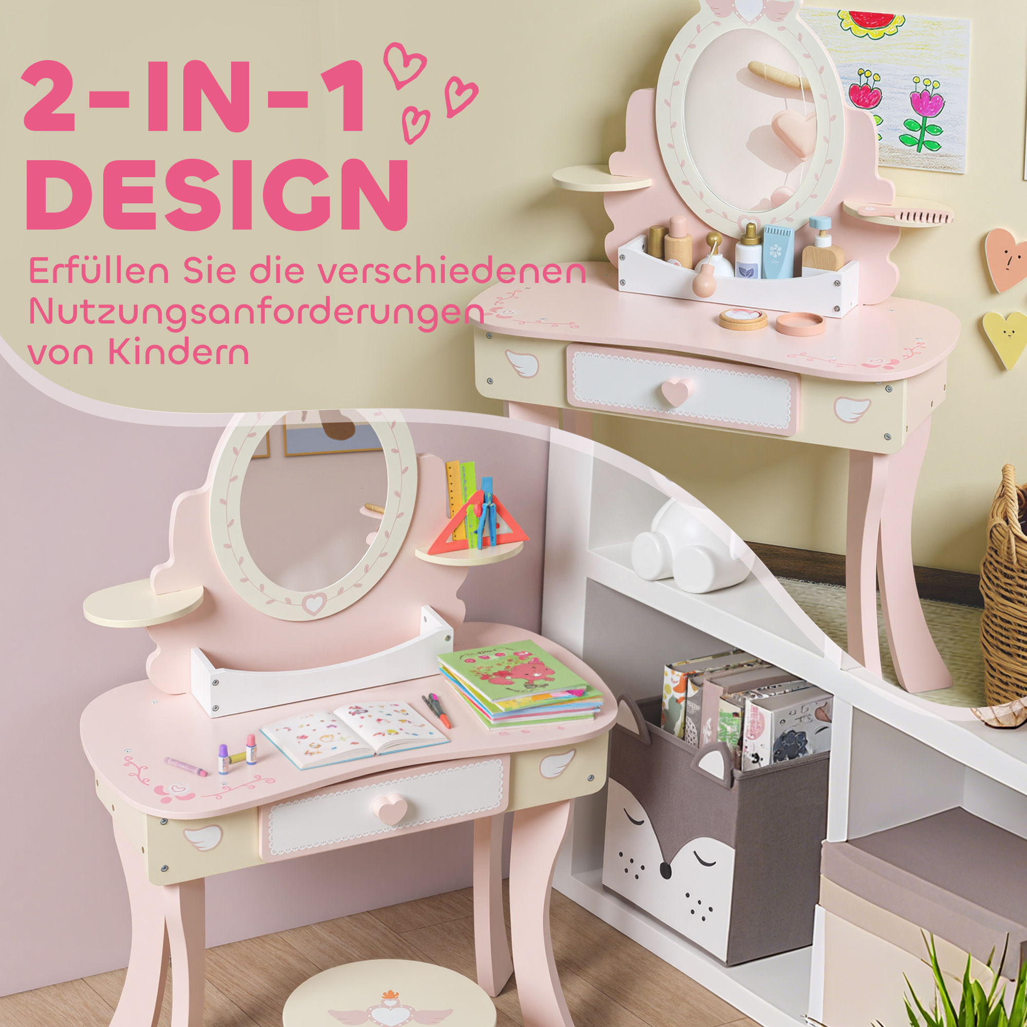 Kinderschminktisch, Stuhl, Schublade, abnehmbarer Spiegel, Kinderschreibtisch mit 7 Zubehörteilen, 2-in-1 Design, MDF, Rosa