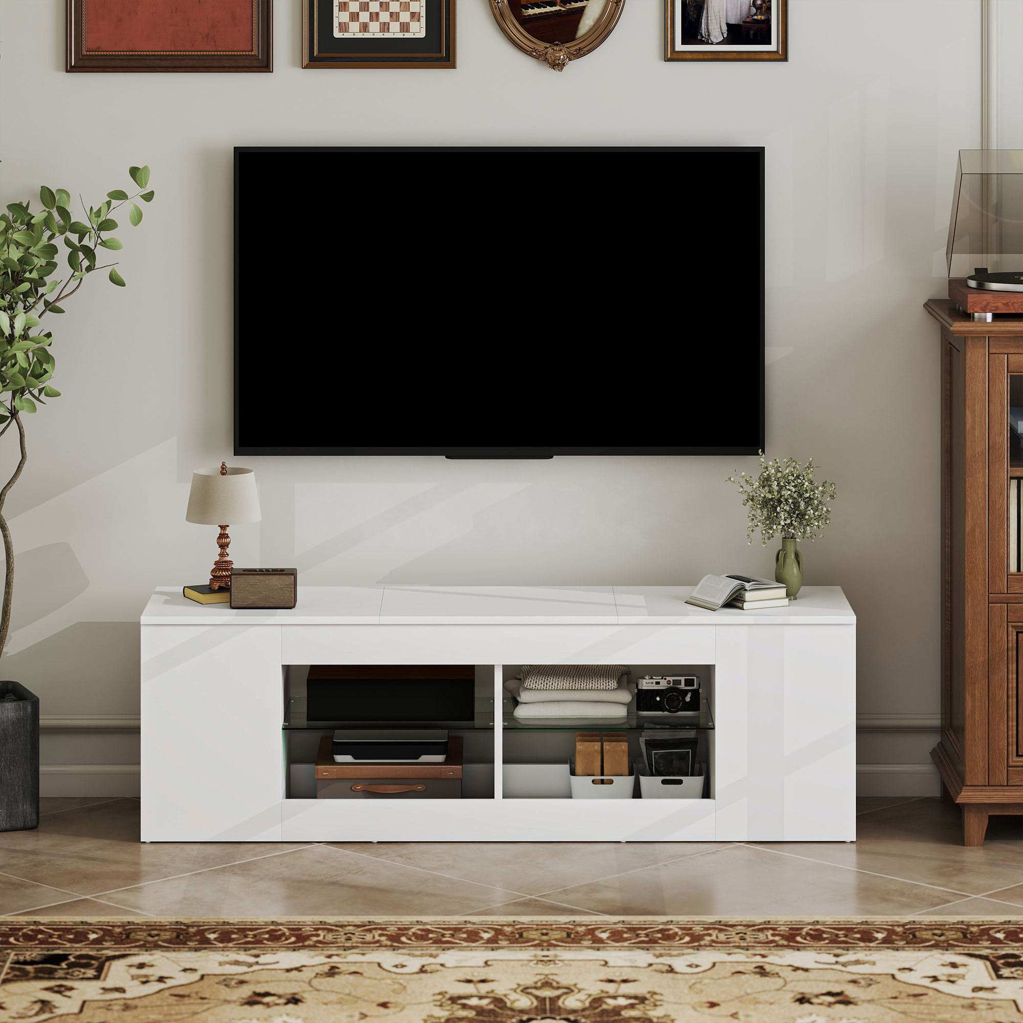 140 cm TV-Ständer, Fernseh-Kommode, 6 Fächer, 2 Glasregale, Spanplatte, Weiß