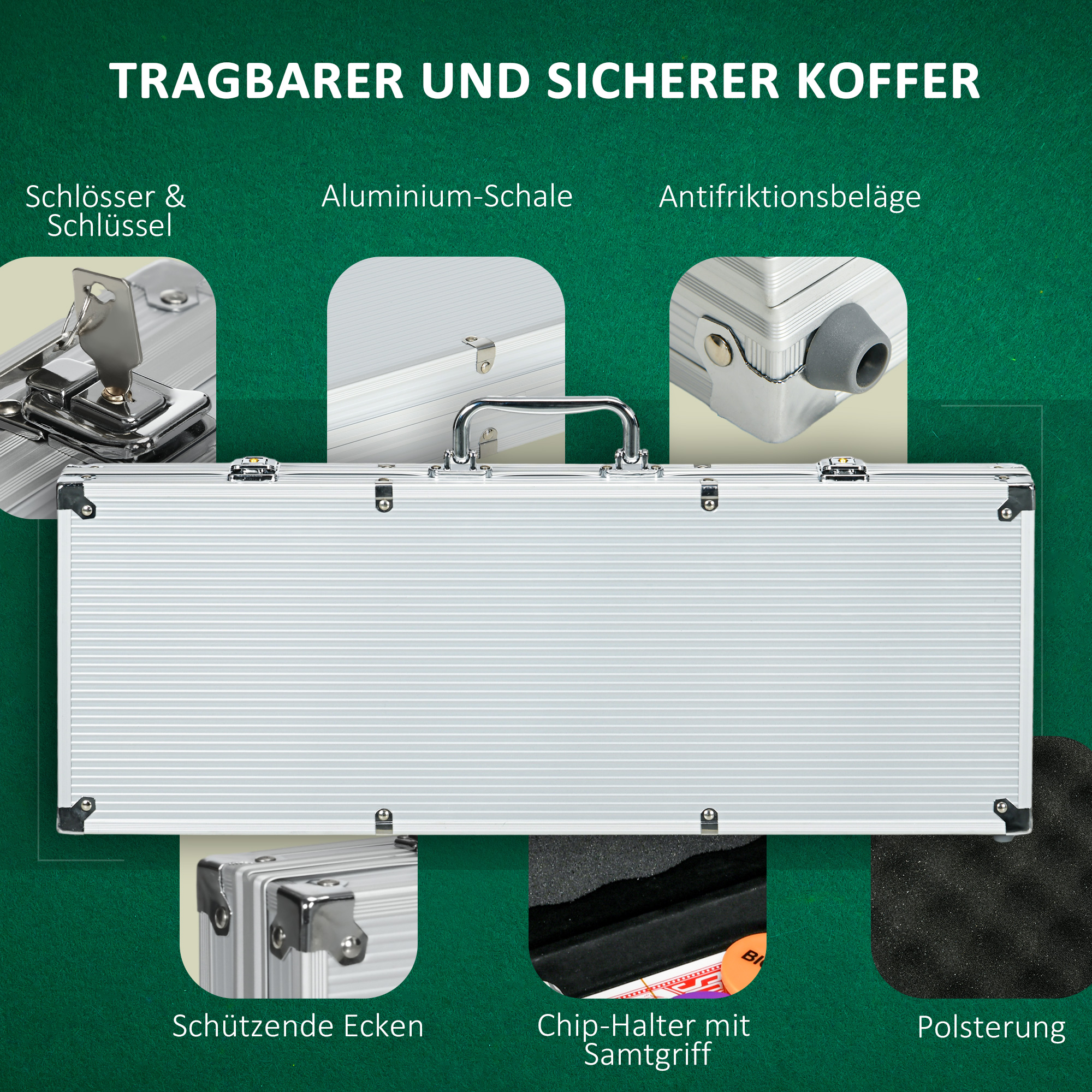 Casinozubehör und Chips Pokerset mit Chips Pokerchip-Koffer, inkl. Unterlage,  500 Chips, Set für 9-10 Spieler, Silber