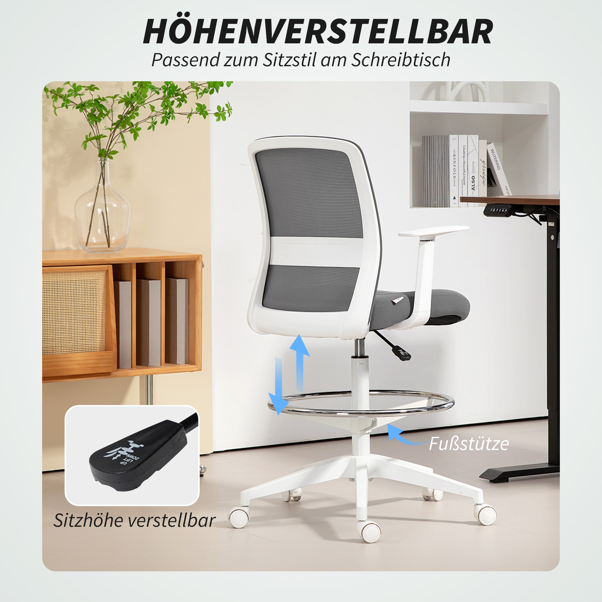 Schreibtischstuhl, drehbar, rollbar, Netzrücken, Schaumstoffkissen, Grau