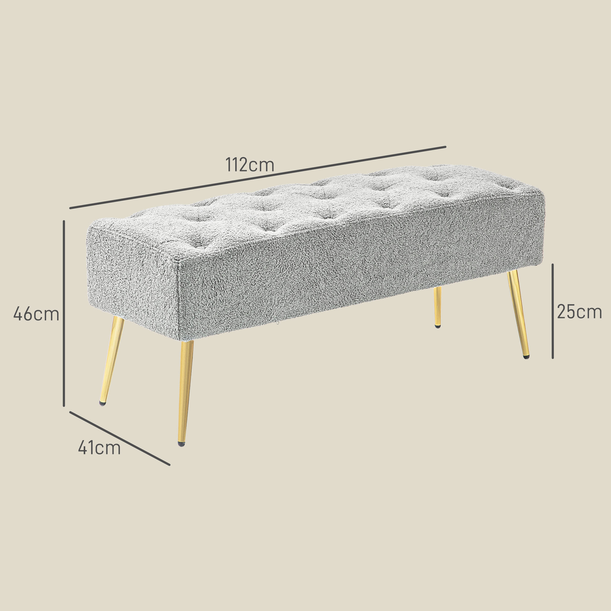 Bettbank, Sitzbank, weicher Bezug in Lammwoll-Optik, bis 120 kg, vergoldete Stahlbeine, 112x41x46cm, Grau