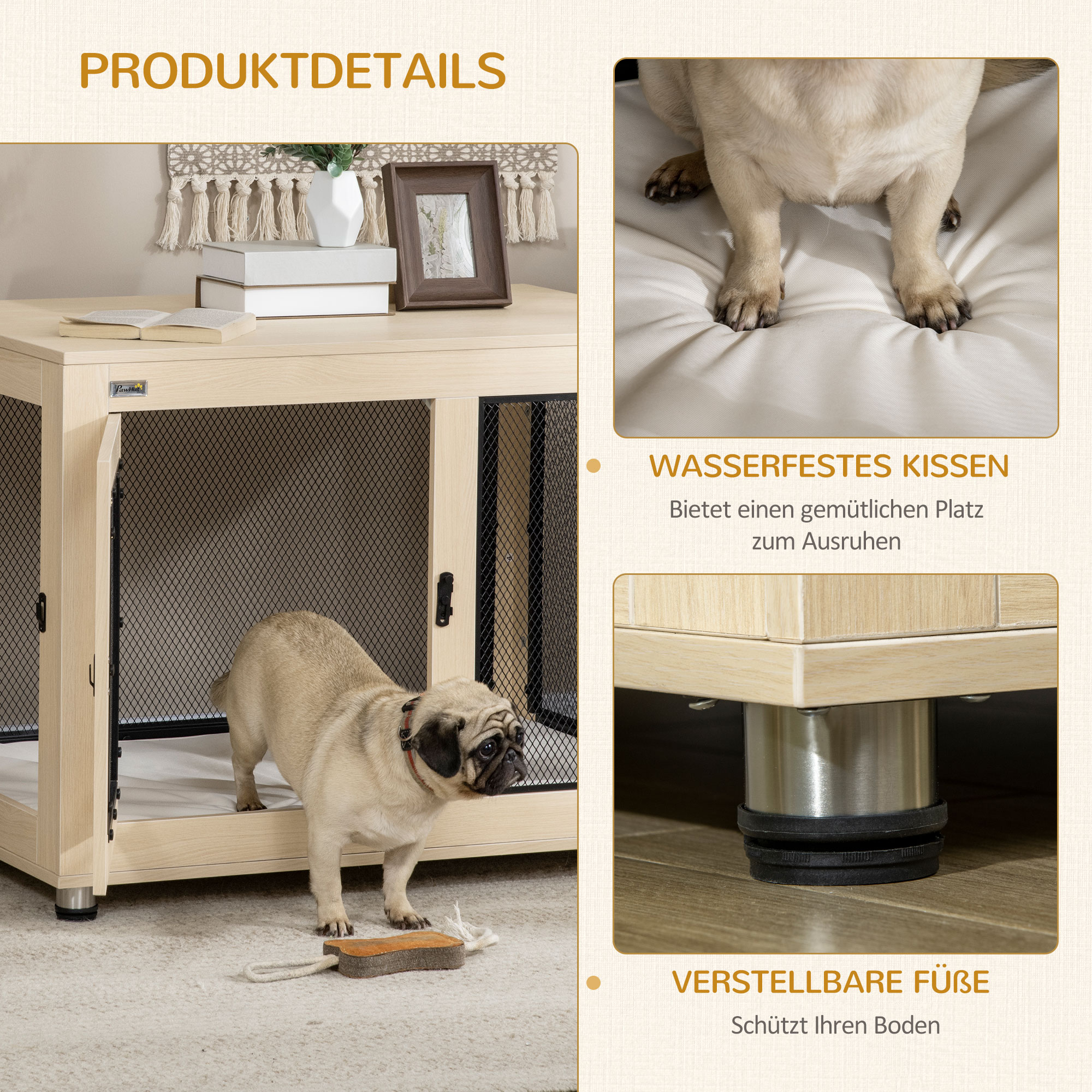 Hundebox Hundekäfig, Modernes Design, verriegelbar, 2 Türen, 94 cm x 60 cm x 71,5 cm, Natur + Schwarz