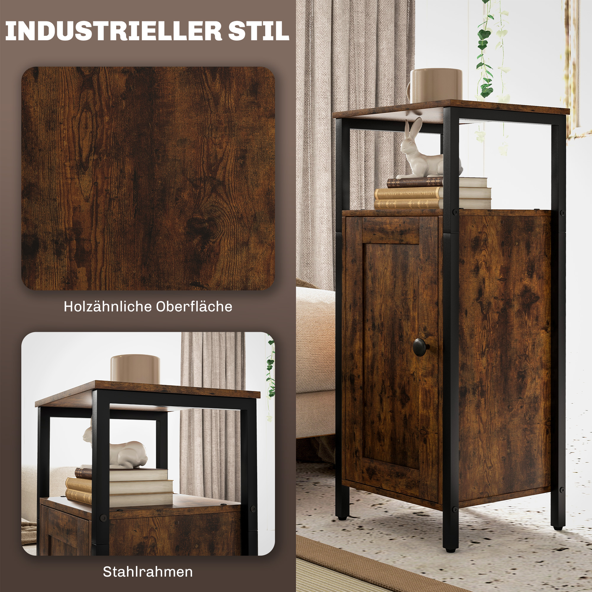 Beistelltisch mit Stauraum, 2 offene Regale, 3-stufig verstellbar, magnetische Tür, Braun