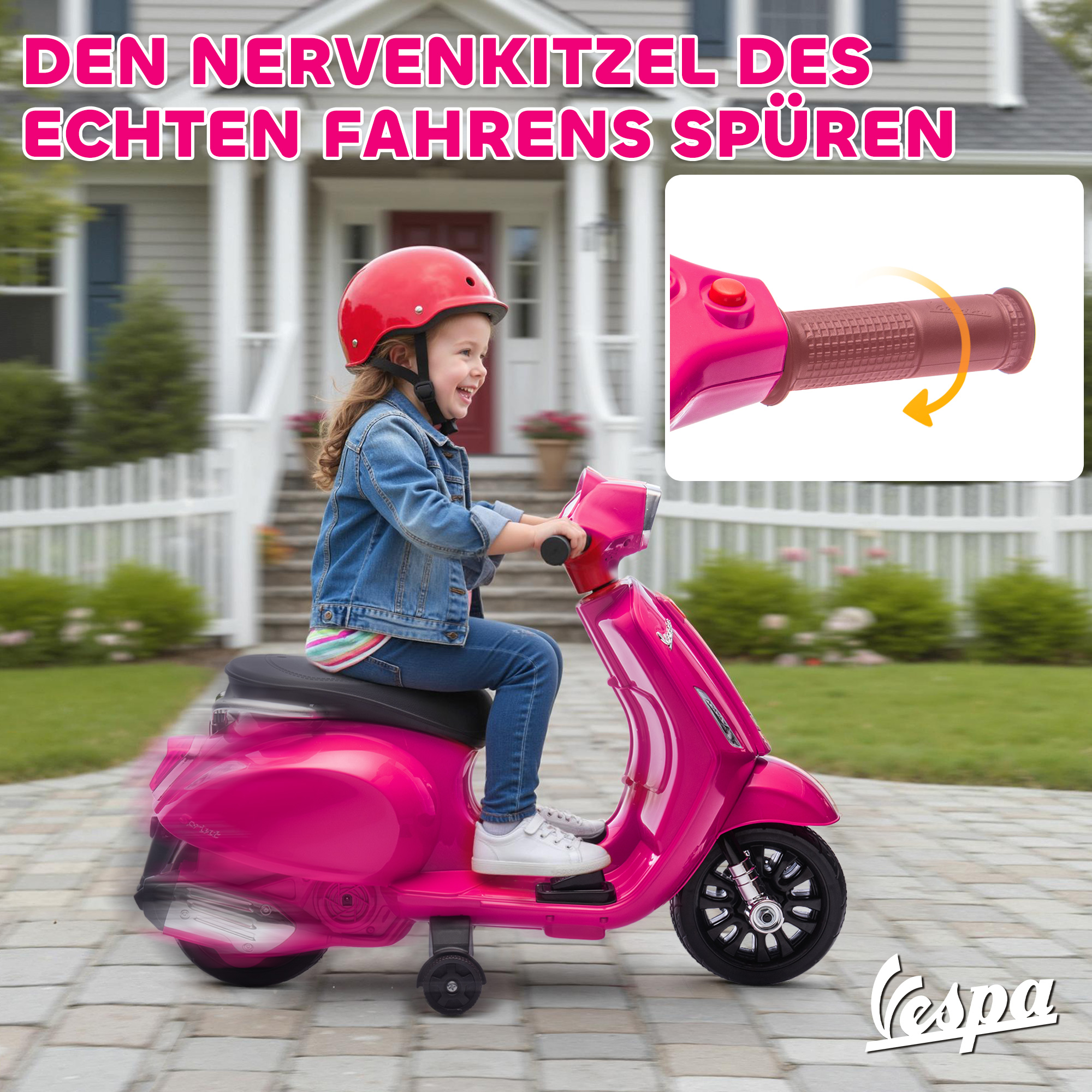 Elektro-Motorrad Kinder Vespa 6V Elektromotorrad mit Stützrädern, Scheinwerfer, Hupe für 2-6 Jahre 71 x 37 x 52 cm Rosa
