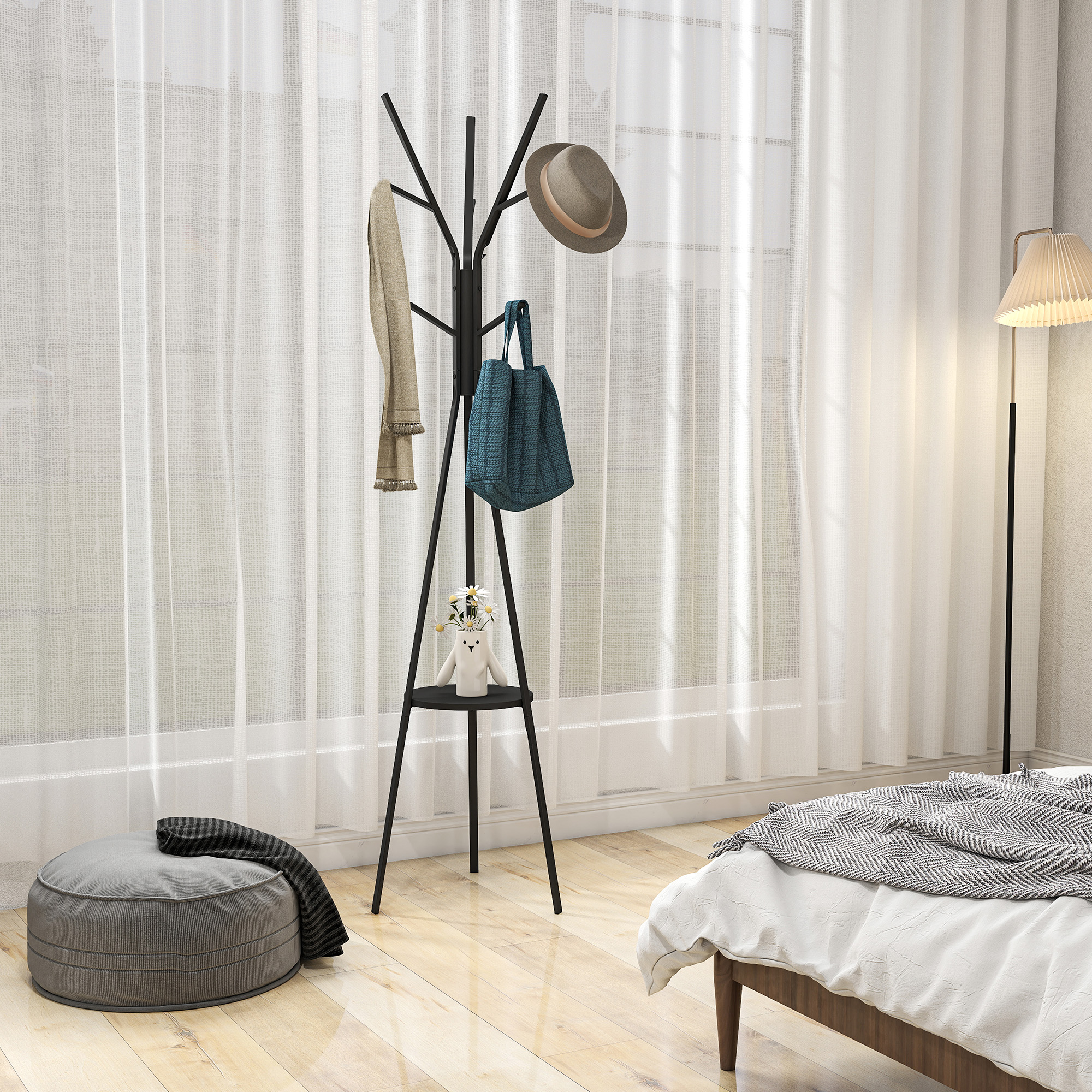 Garderobenständer Kleiderständer mit Ablage und 8 Haken Jackenständer Moderner Garderobe für Kleidung Hut Tasche, Wohnzimmer, Schwarz