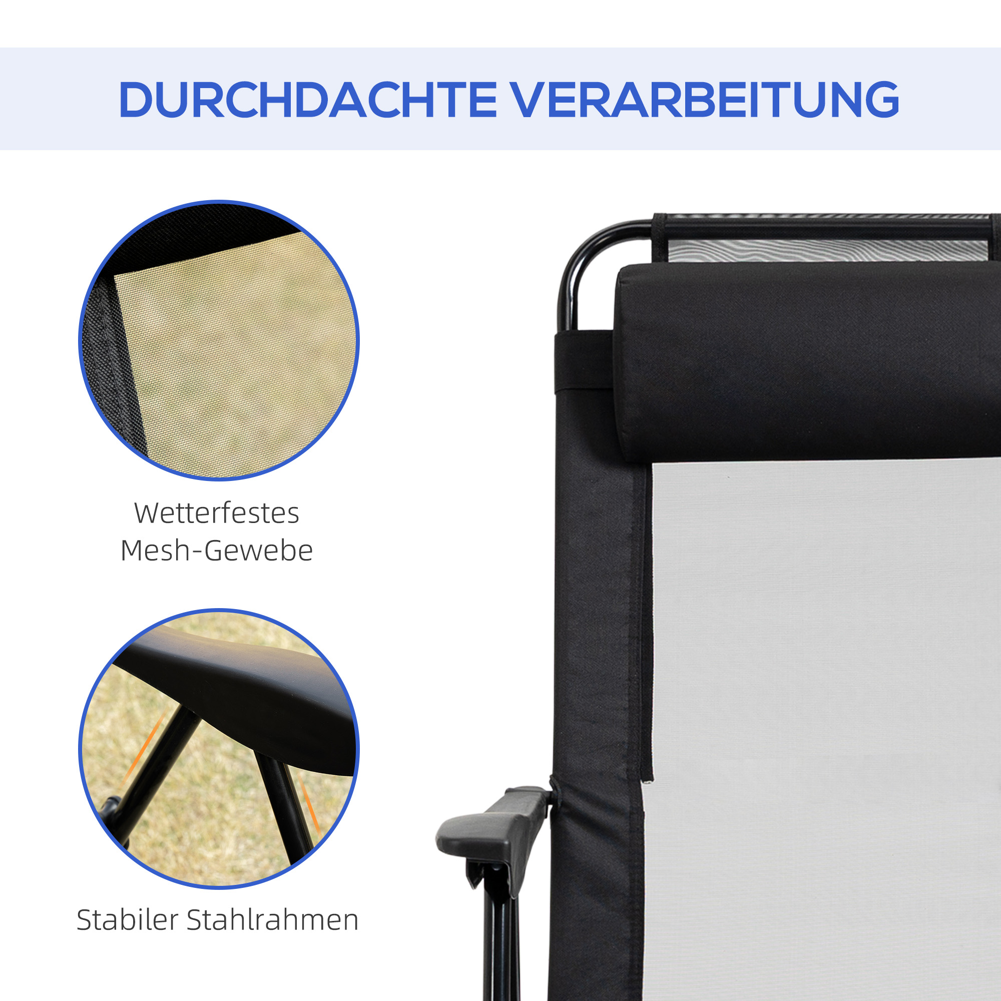 Klappstuhl 2er-Set, Klappliege, wetterfest, 5-fach verstellbare Rückenlehne, Metallgestell, Schwarz