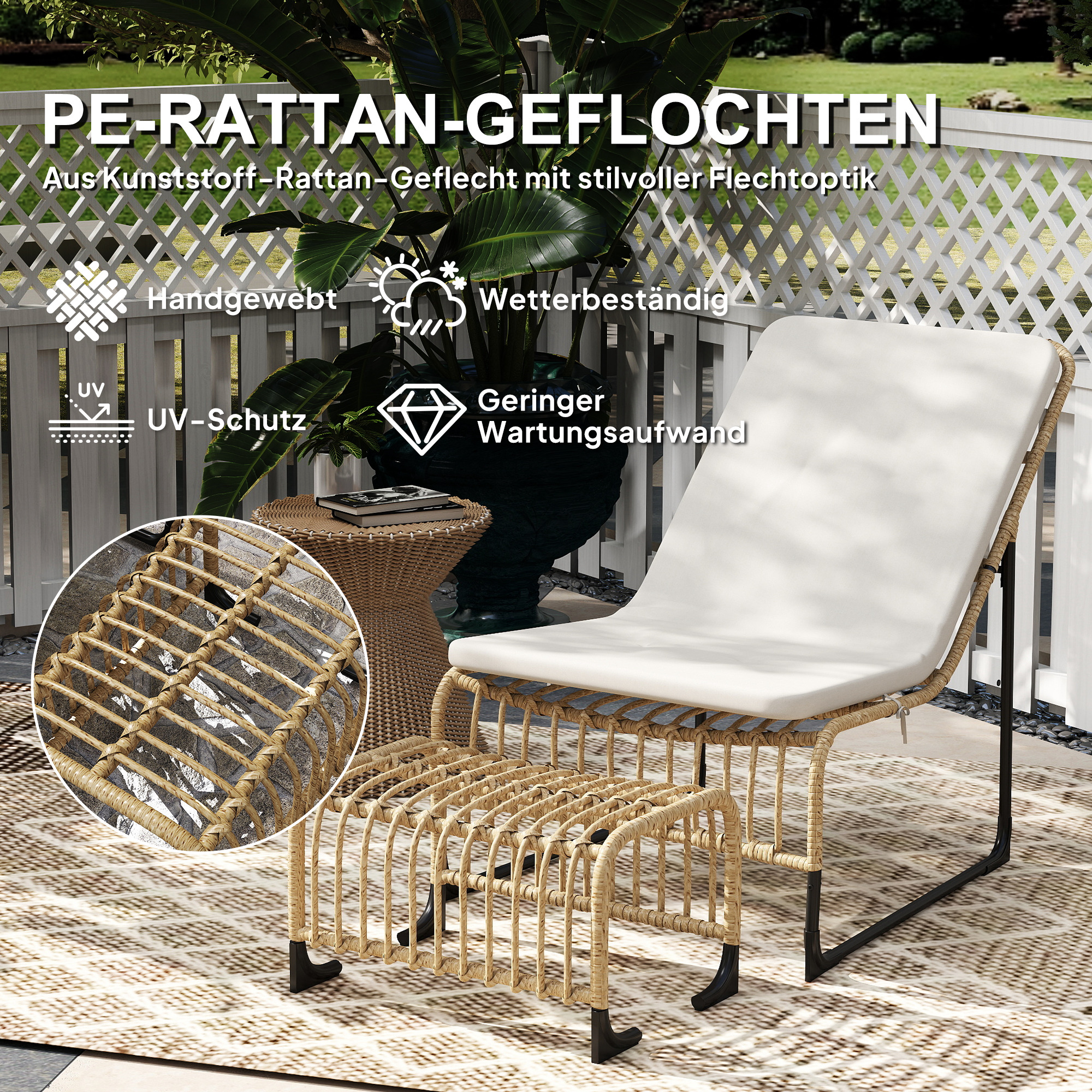 Rattan Relaxsessel mit Fußhocker UV-beständig Gartensessel mit Kissen Bänder 65 x 93 x 80 cm Naturholz