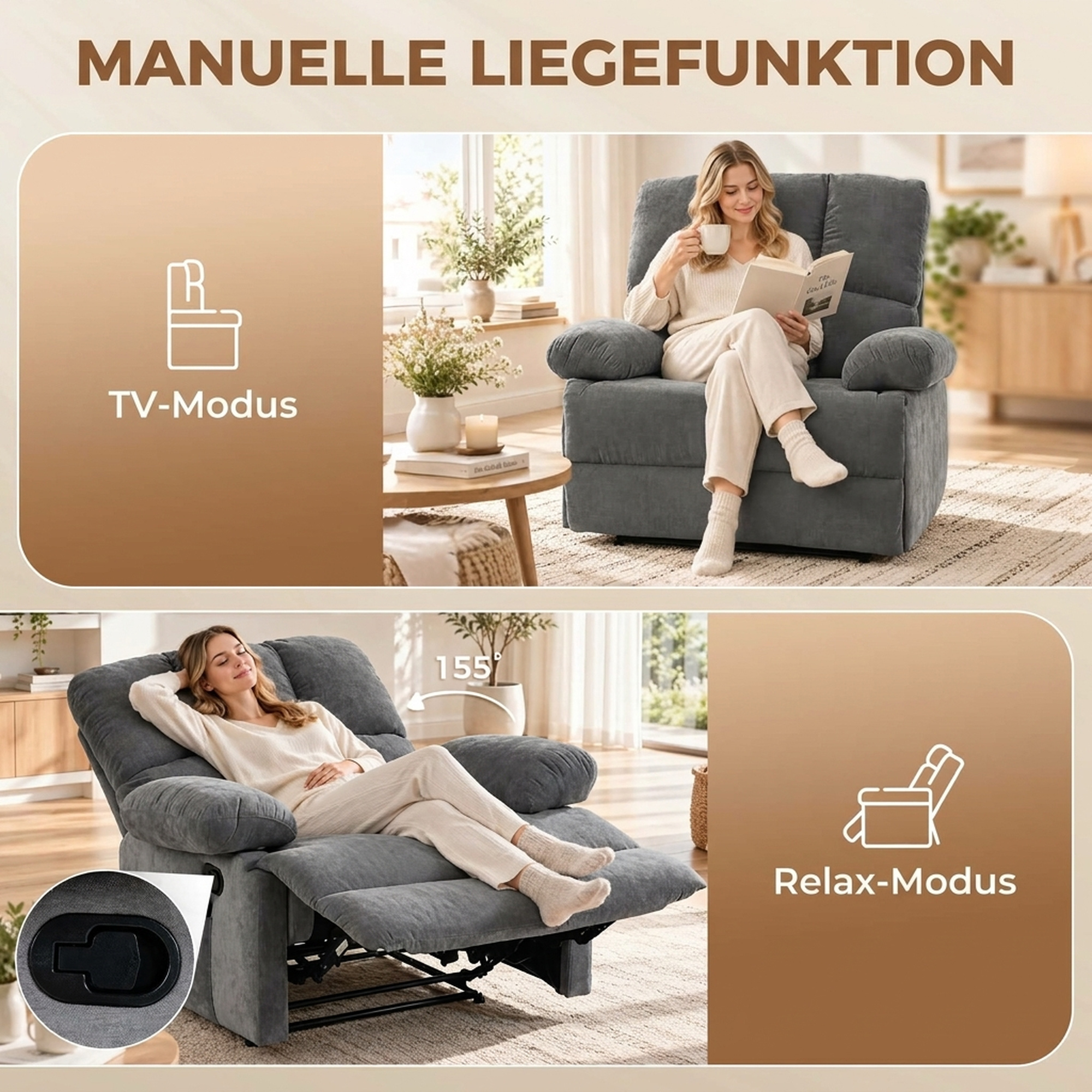 Massagesessel mit Wärmefunktion, bequemer Fernsehsessel mit Fußablage, Grau