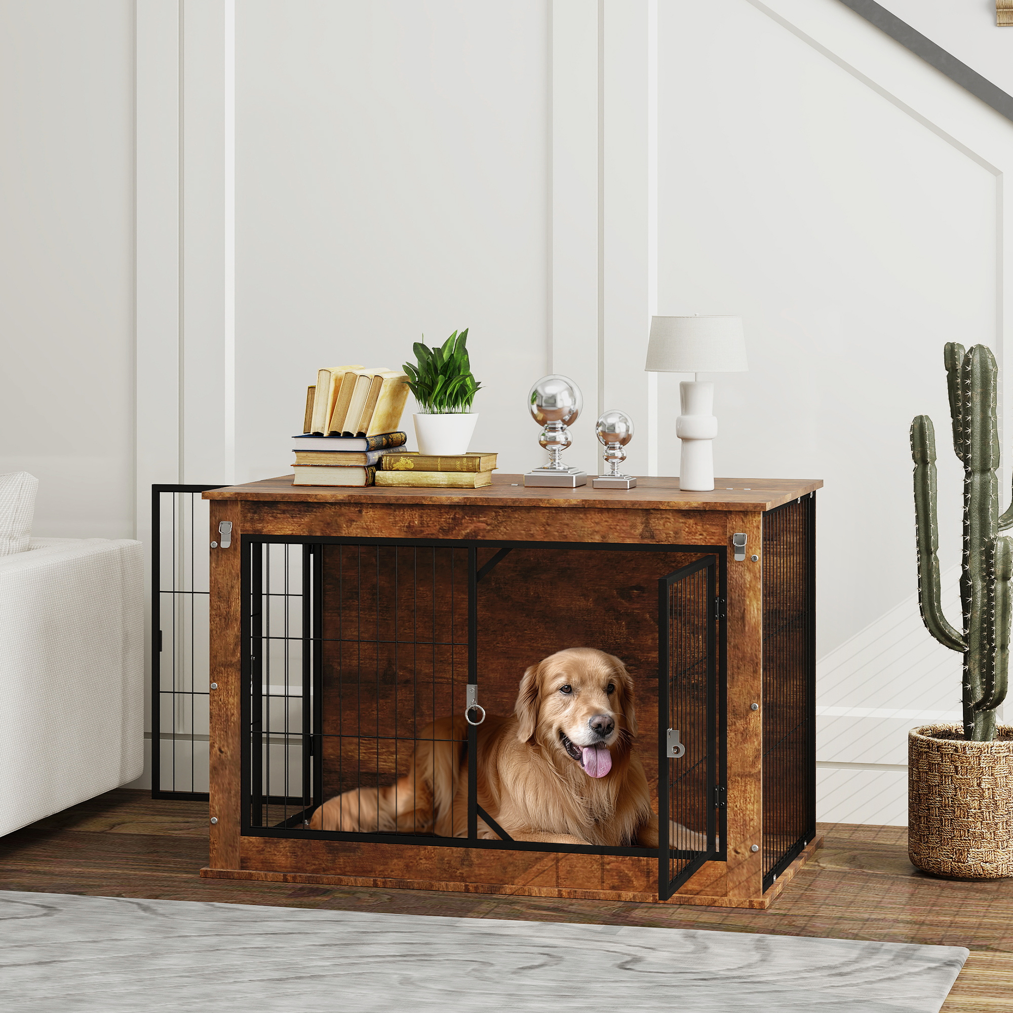 Hundebox, Transportbox für Hunde, Aufenthaltsbox, für Haustiere, 2 verschließbare Türen, 98 x 60 x 65,5 cm, Braun