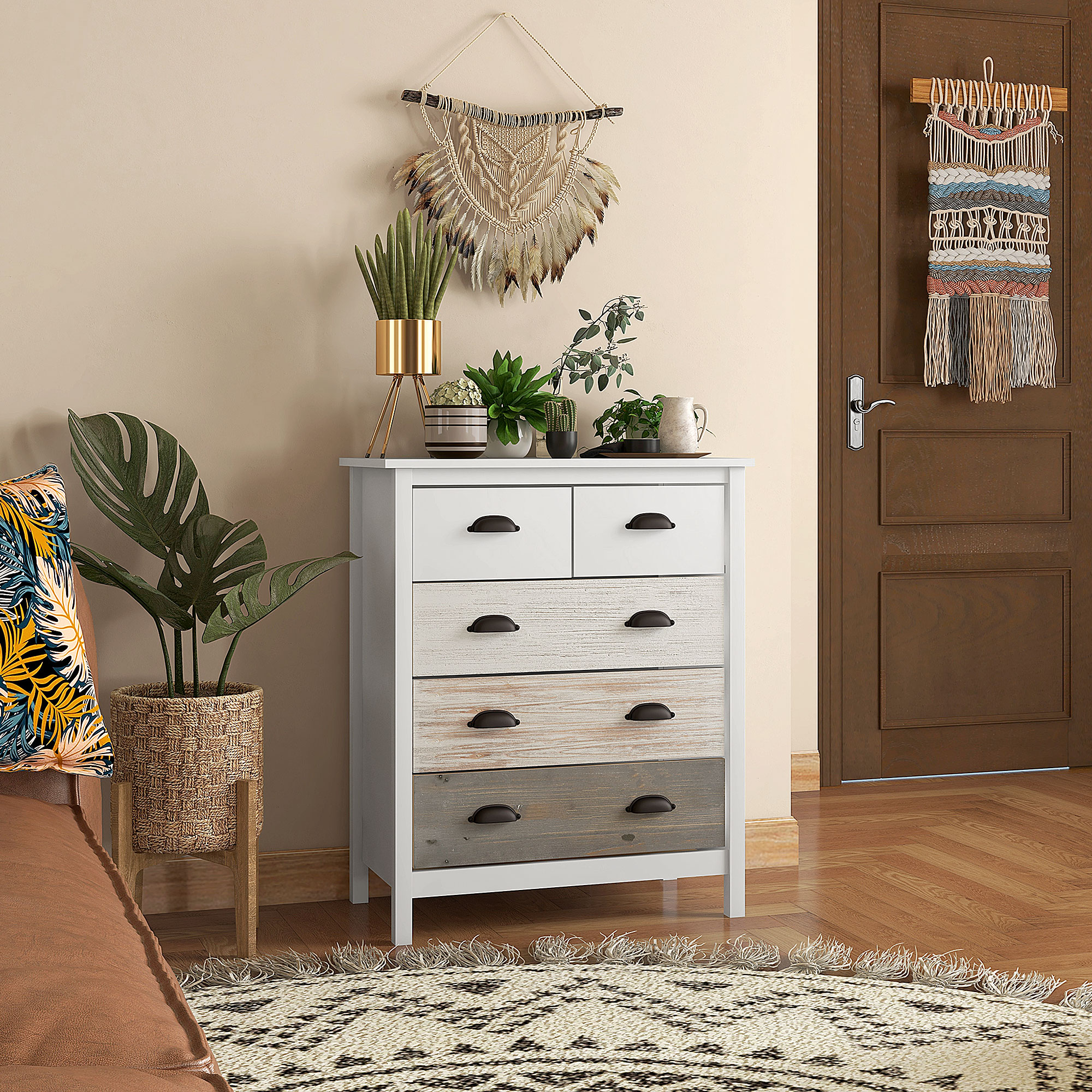Sideboard, Kommode, 5 Schubladen, lackierte Oberfläche, MDF & Kiefernholz, 70 x 38 x 85 cm, Weiß