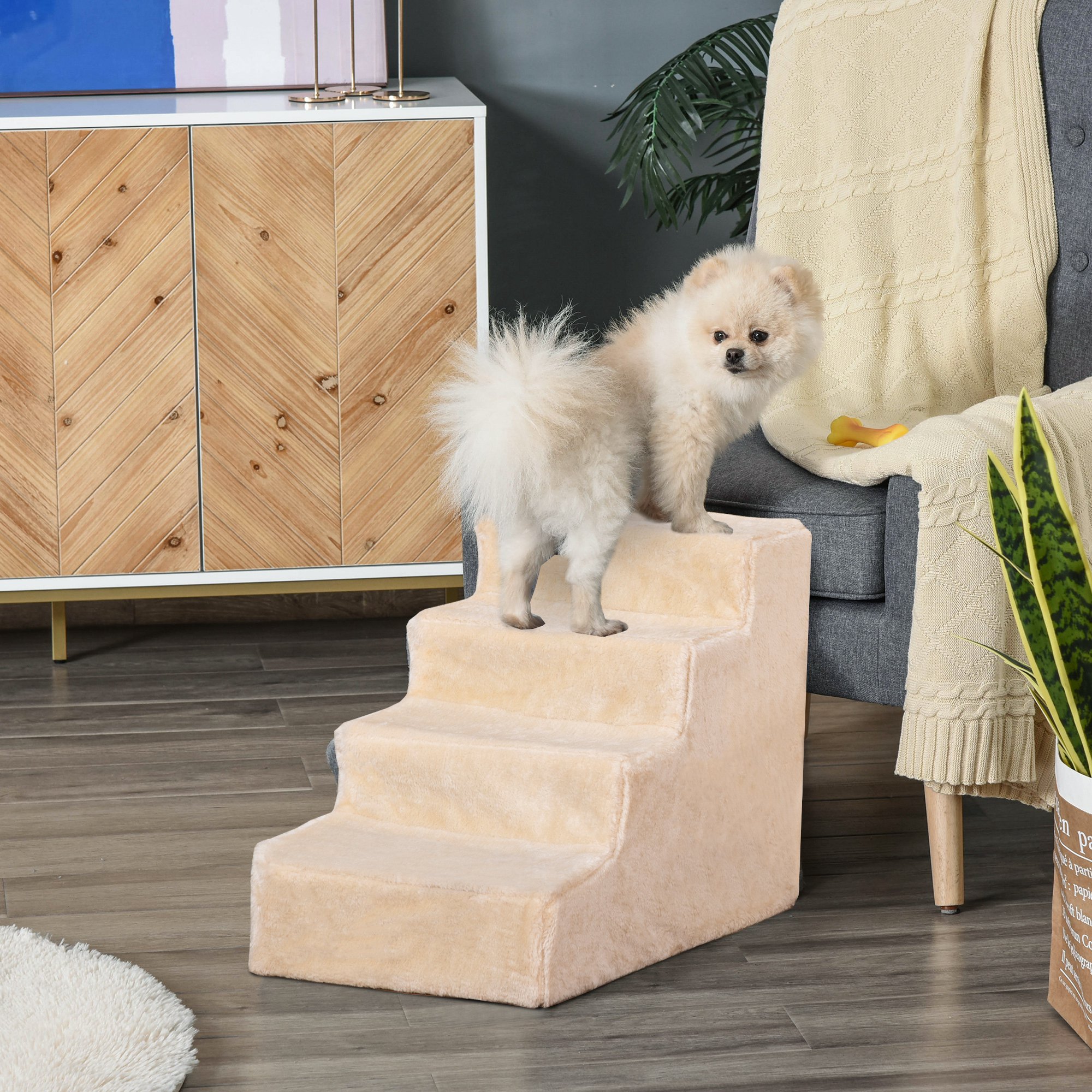 Hundetreppe 4-stufig, 35 cm Katzentreppe für Bett und Sofa, Haustiertreppe für Hunde und Katzen bis 5 kg, Plüschoptik, Beige