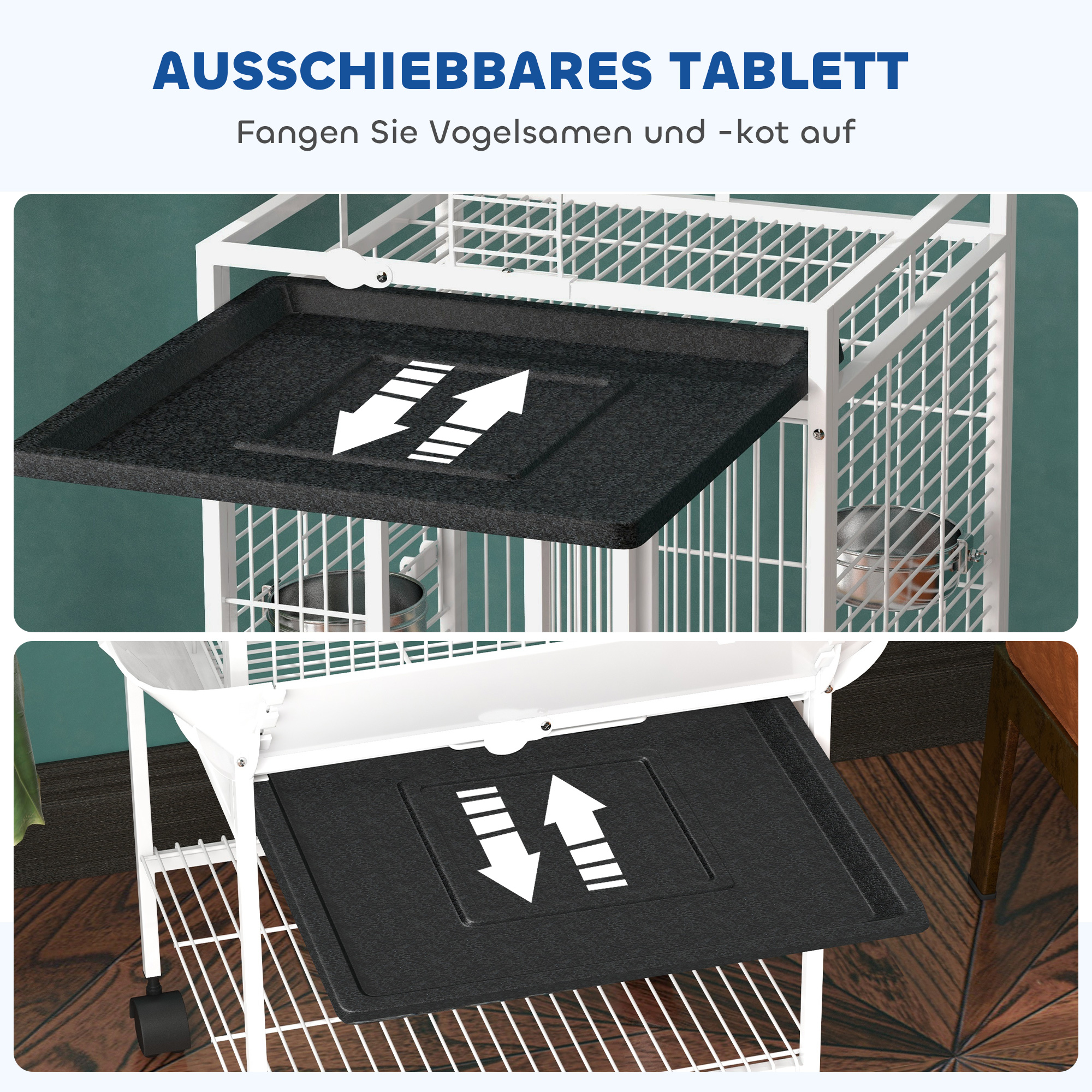 Vogelkäfig, Papageienkäfig mit 3 Türen, 2 Sitzstange, 360° Rollen, Futternapf, Ablage, Freisitz, 62,5x62,5x156cm, Weiß