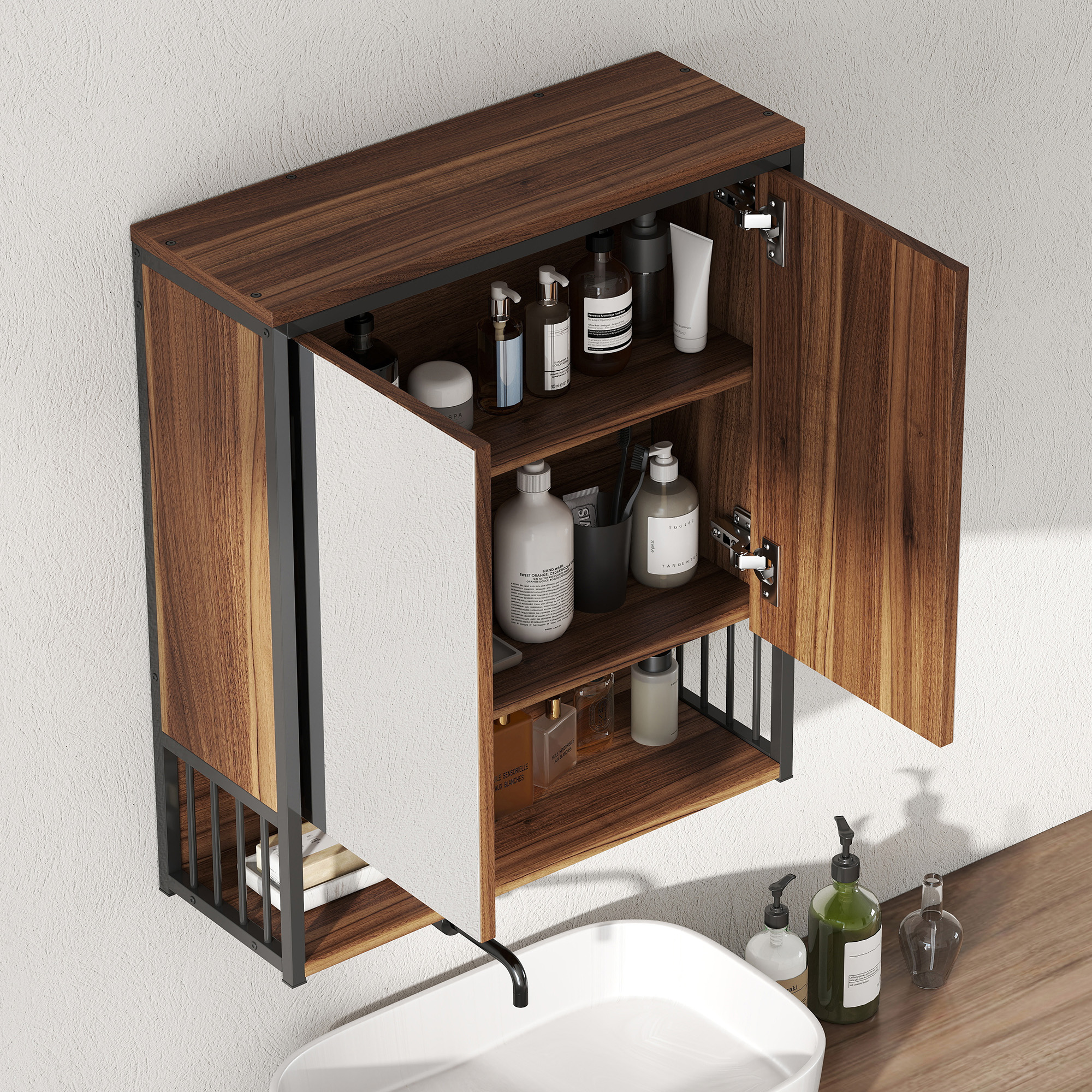 Hängender Spiegelschrank für Badezimmer, Badschrank aus MDF, Spanplatte, Braun