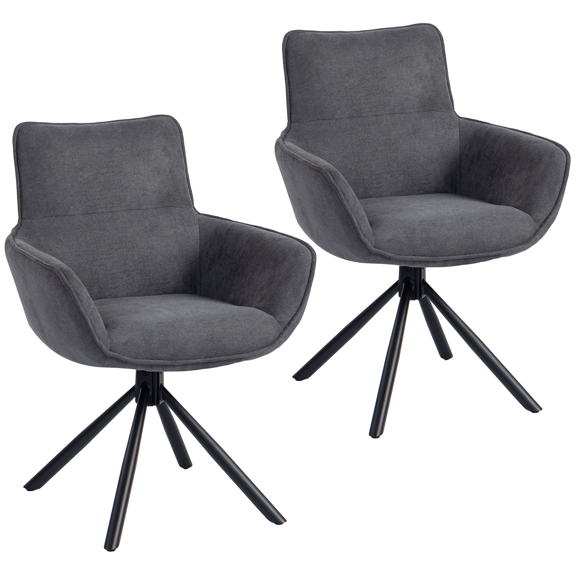 2er-Set Esszimmerstühle, drehbar, weich gepolstert, Armlehnen, Metallbeine, Dunkelgrau